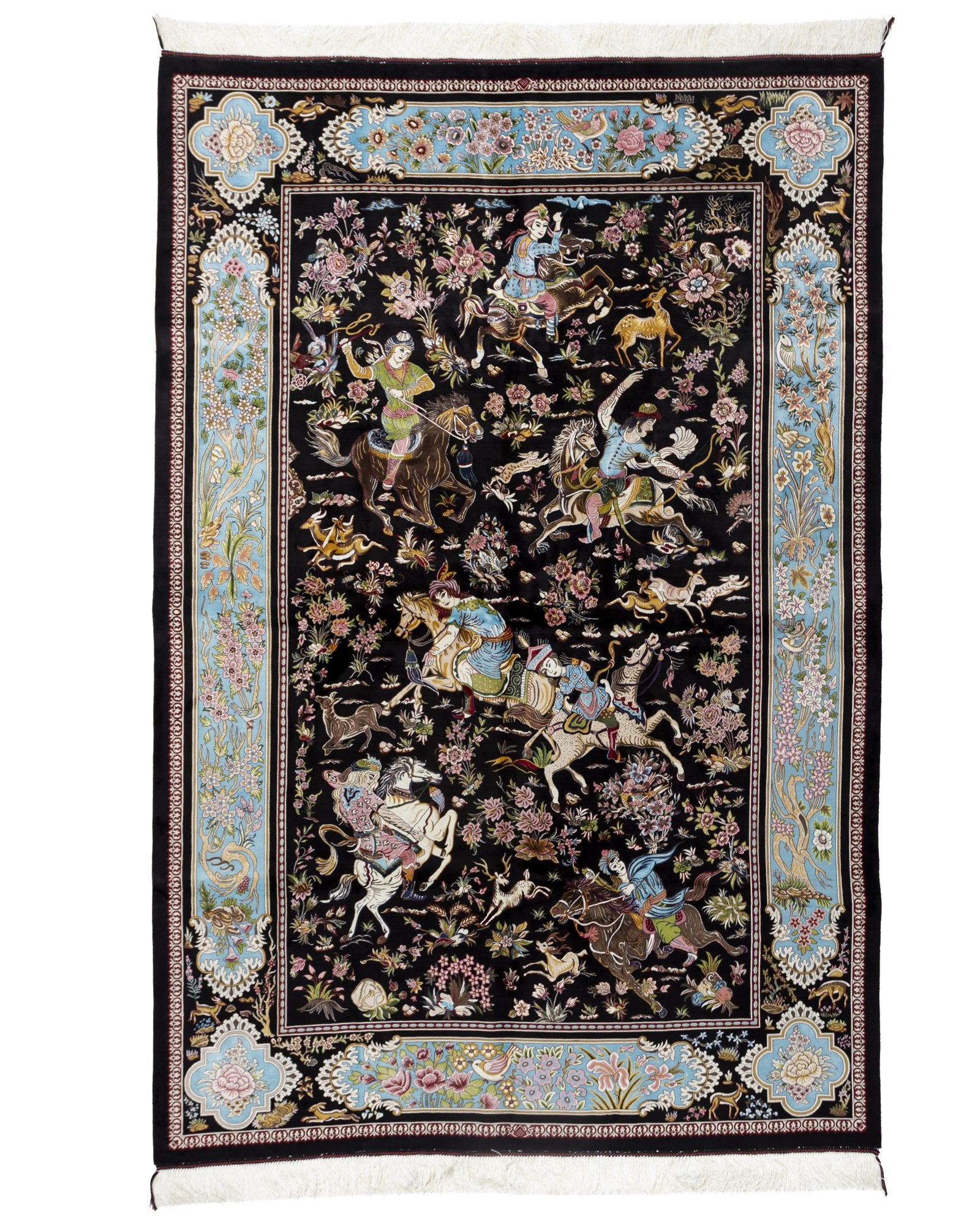 Bahram Persian silk carpet 225x150 cm in black, full overhead view - Tabeer Homes Dubai