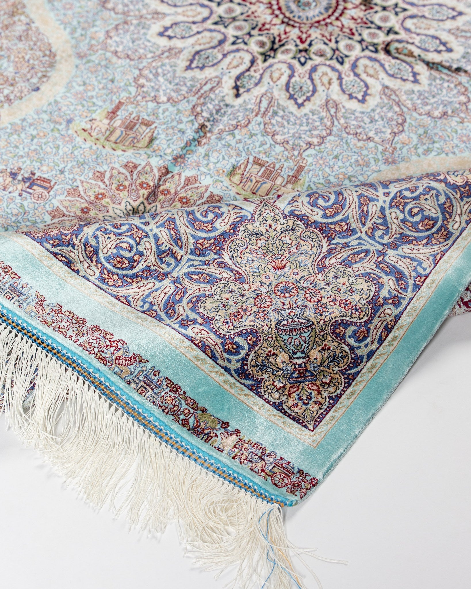 Fringed end of the Banafsheh silk rug