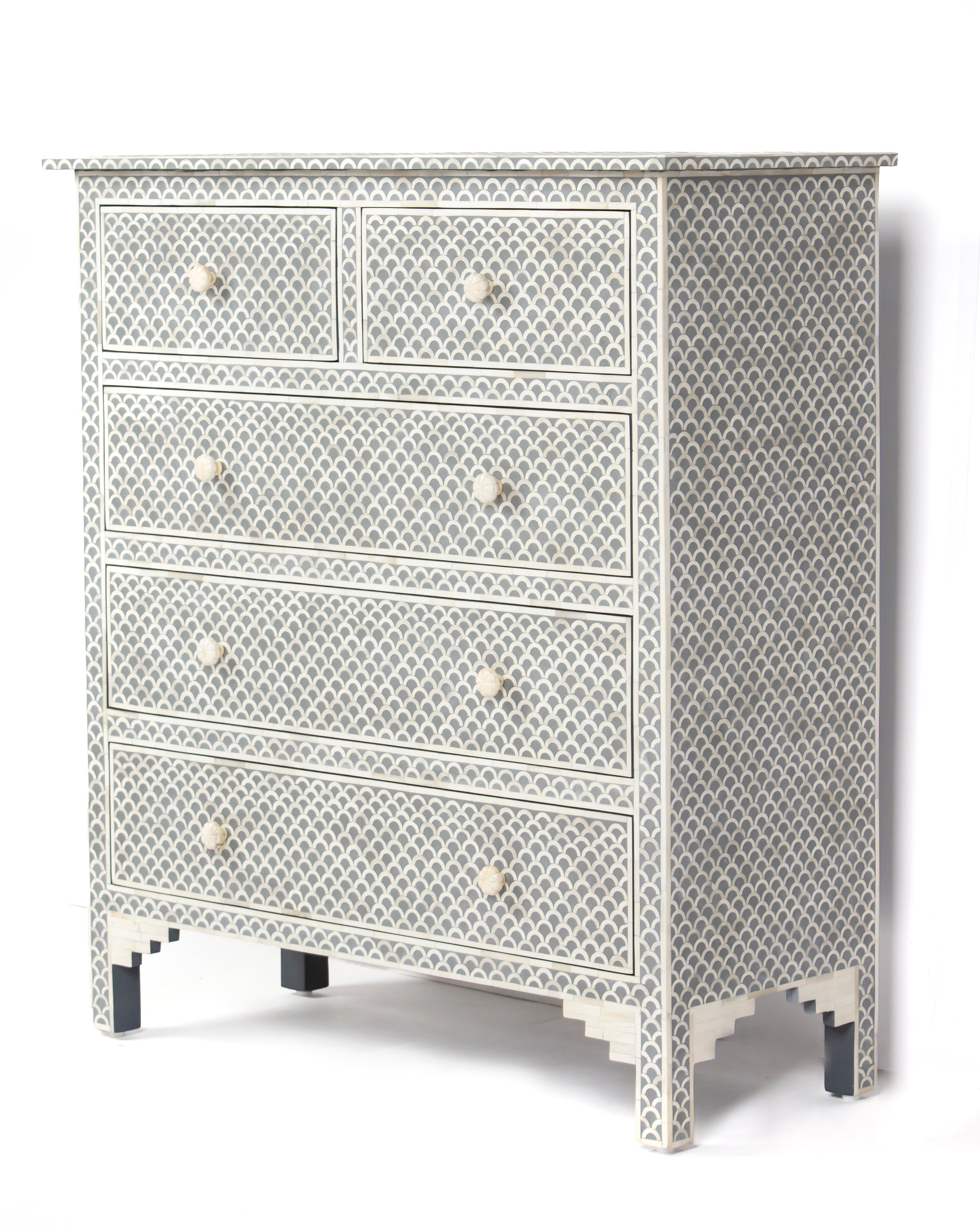 Basel grey bone inlay chest of drawers, angled view