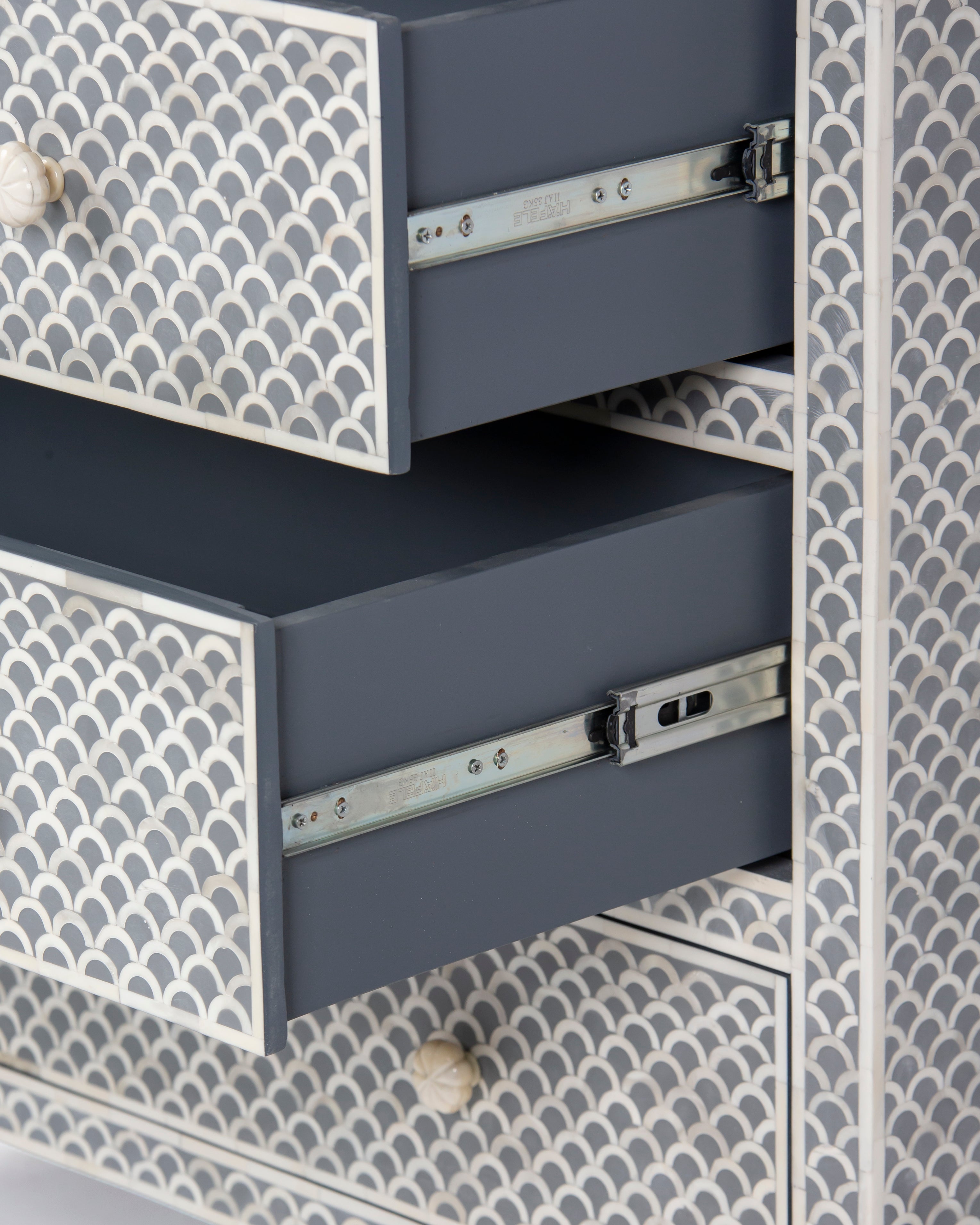 Full extension drawer runners on Basel grey bone inlay chest