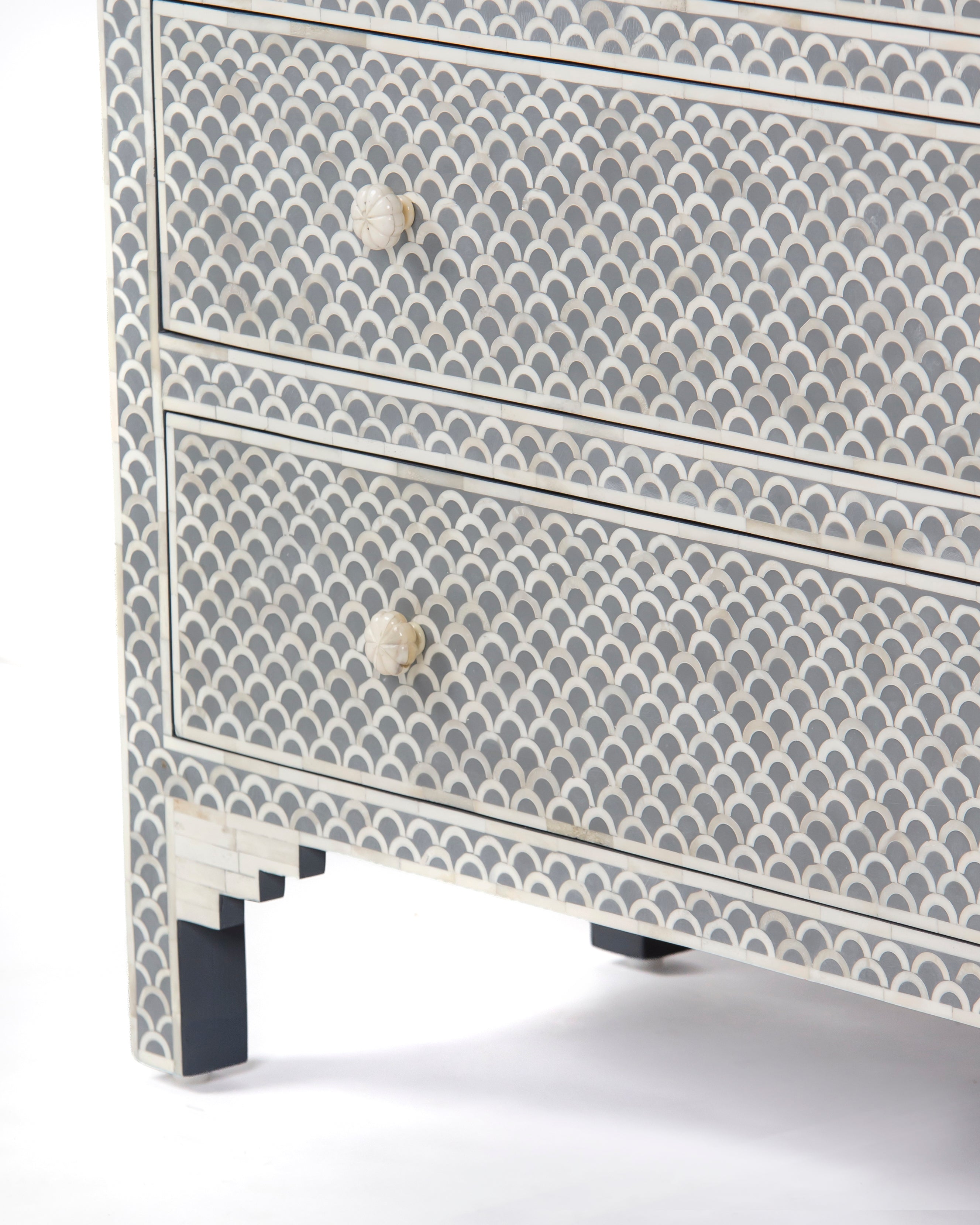 Lower drawers and stepped leg of Basel grey bone inlay chest