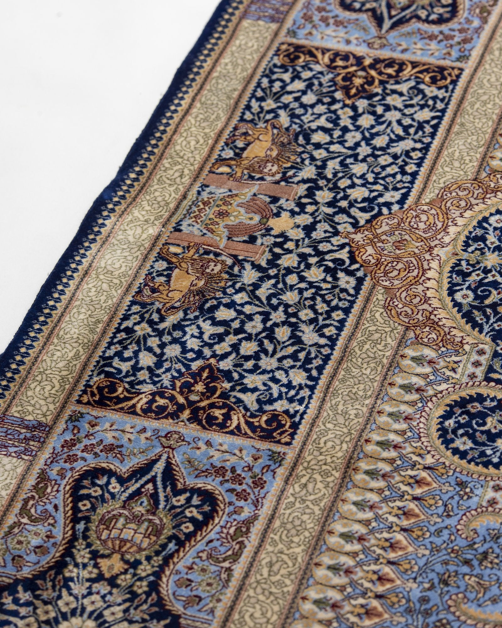 Behnaz silk carpet floral motif close-up in cornflower blue, 200 x 300 cm - Tabeer Homes Dubai