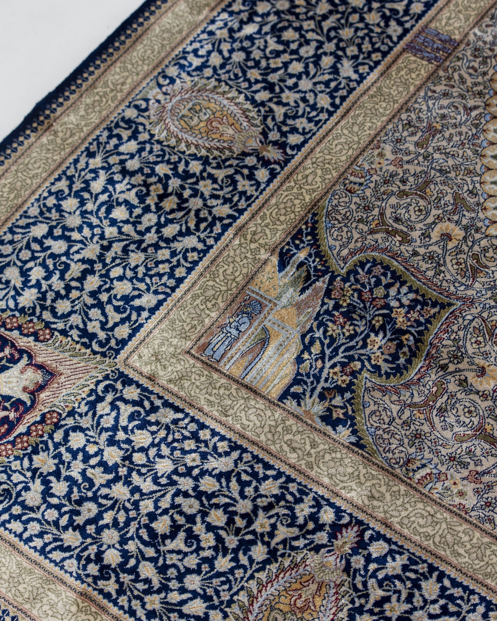 Behnaz Persian silk rug folded corner showing fine weave, cornflower blue 200 x 300 cm - Tabeer Homes Dubai