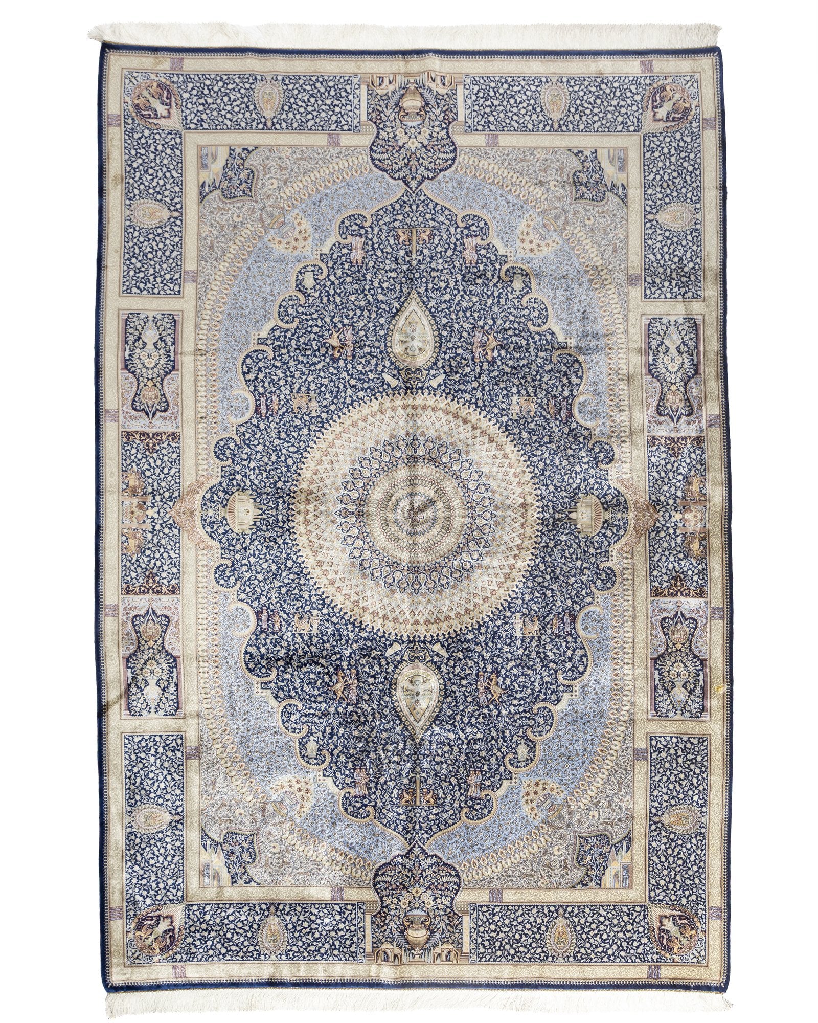 Behnaz Persian silk carpet 200 x 300 cm in cornflower blue, full overhead view - Tabeer Homes Dubai