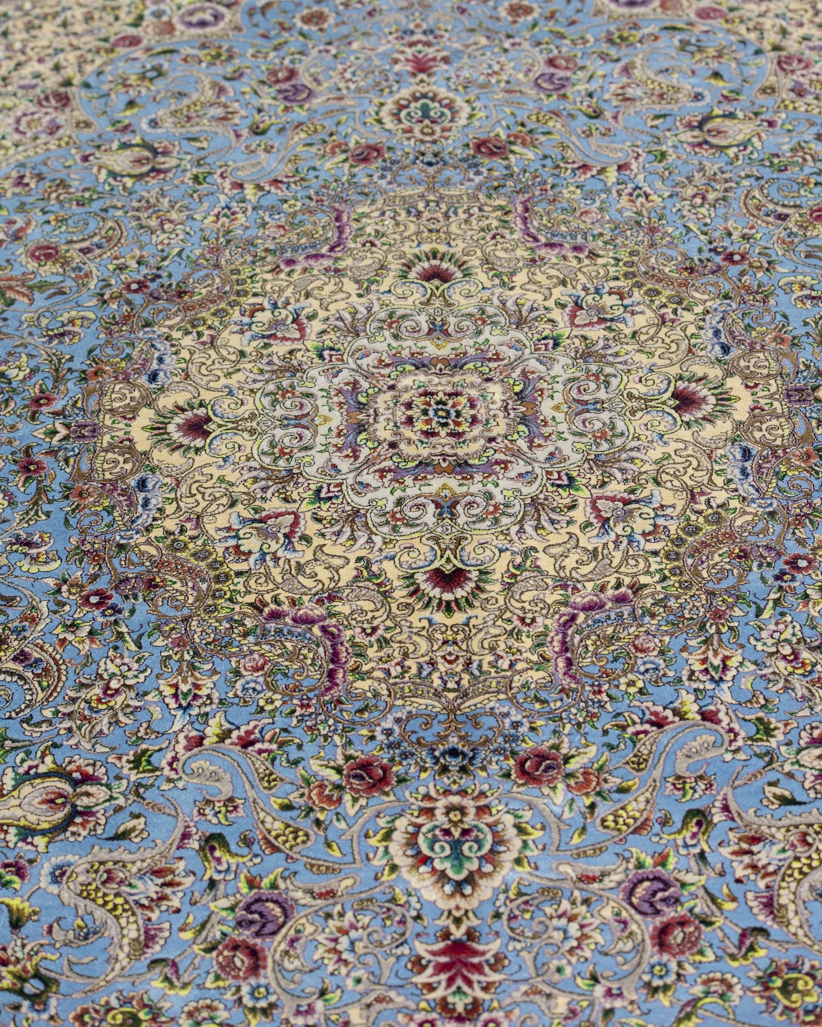 Bianca silk and wool carpet angled view showing pearl grey tones, 200 x 300 cm - Tabeer Homes Dubai