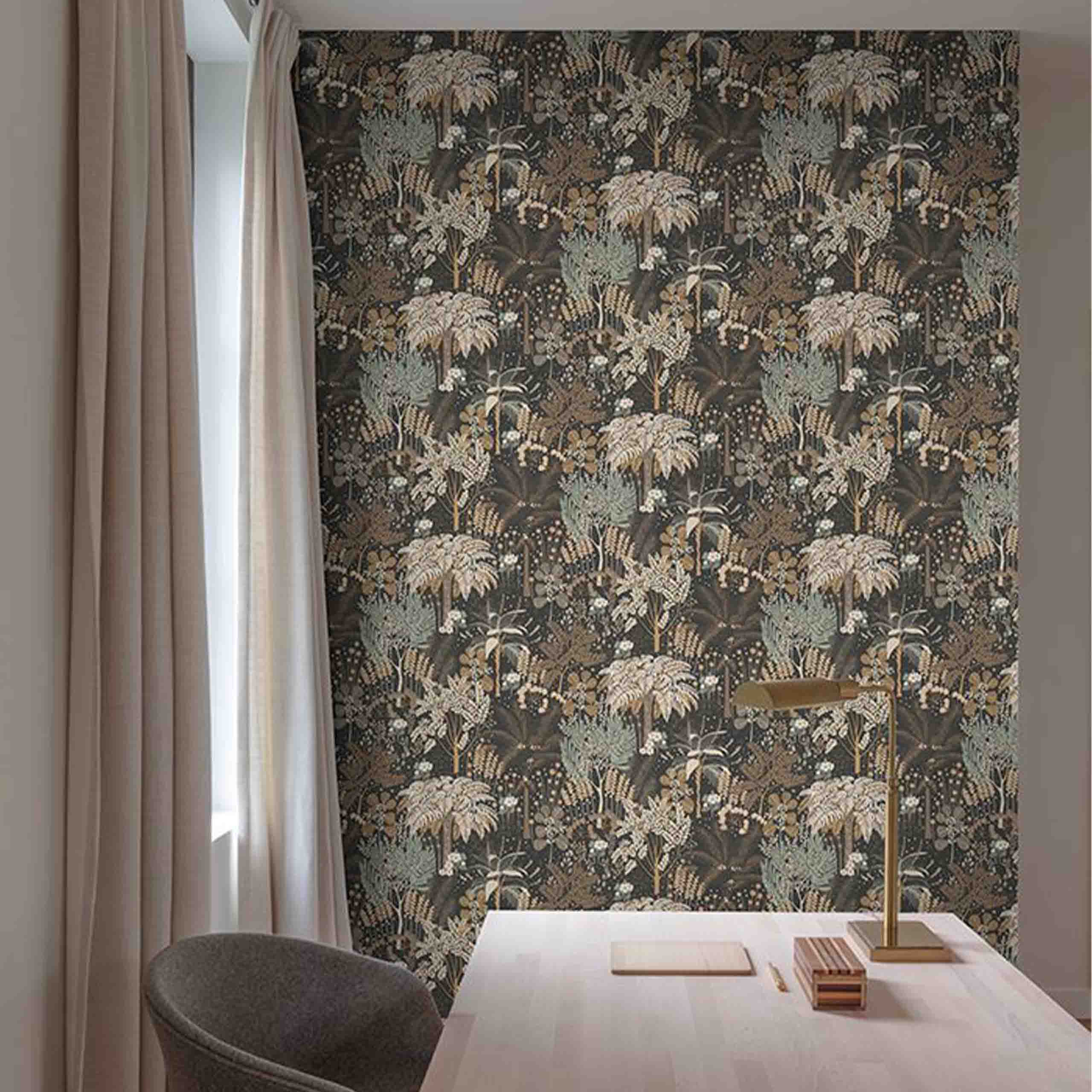 Close-up of Camelia vinyl wallpaper with intricate floral and botanical designs in rich brown and cream hues, perfect for sophisticated interiors.