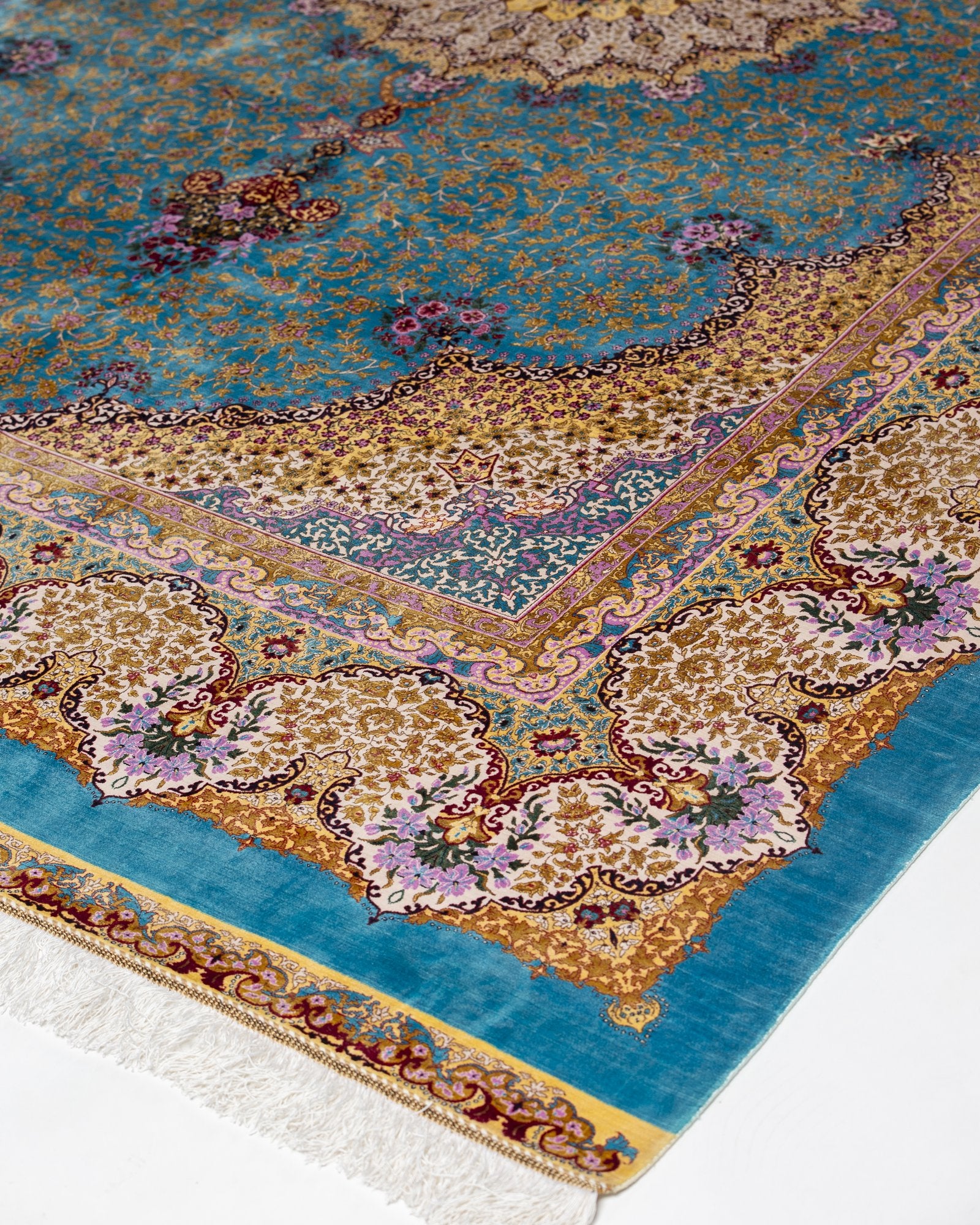 Camilla Persian silk carpet design detail in aqua blue, 200 x 300 cm - Tabeer Homes Dubai