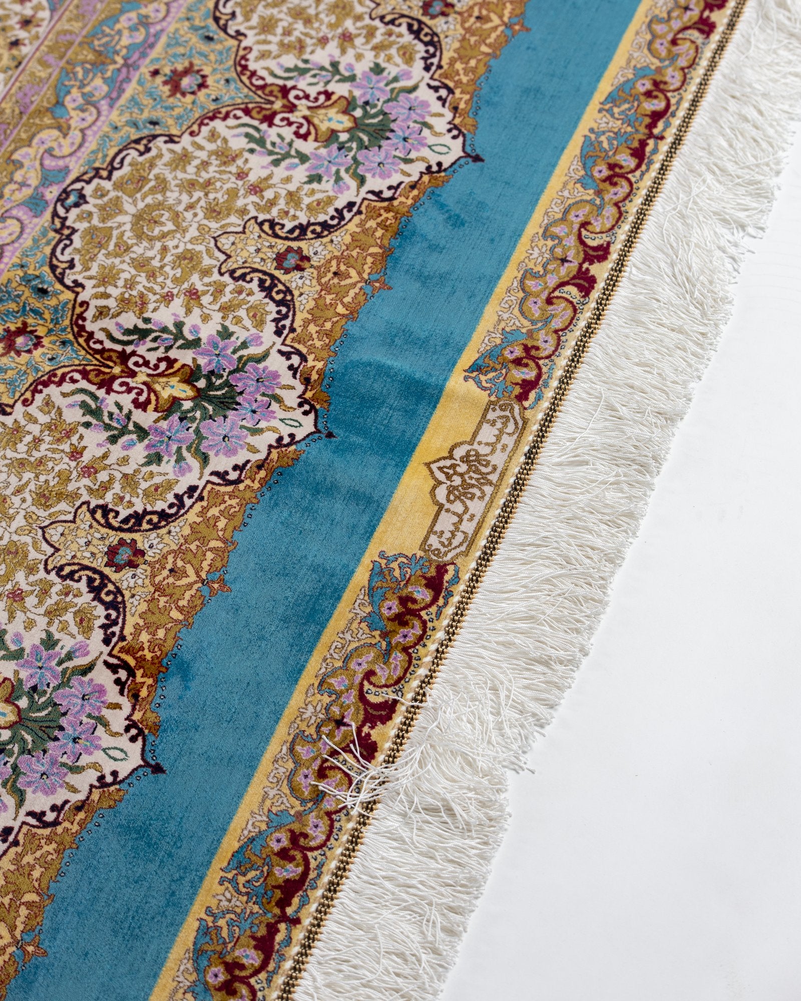 Camilla Persian silk rug edge binding and back detail, aqua blue 200 x 300 cm - Tabeer Homes Dubai