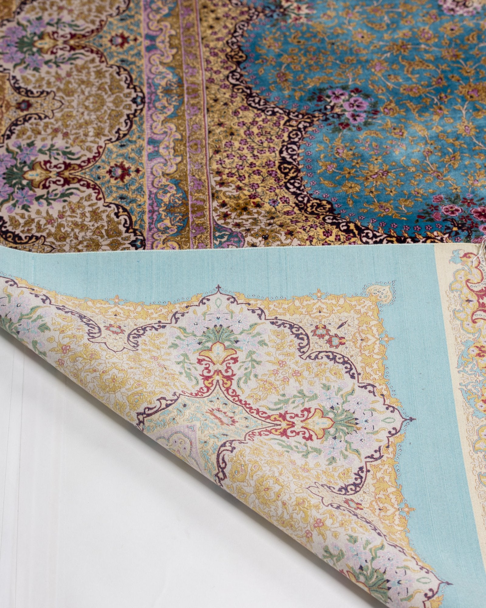 Camilla silk carpet draped fold showing silk lustre, aqua blue 200 x 300 cm - Tabeer Homes Dubai