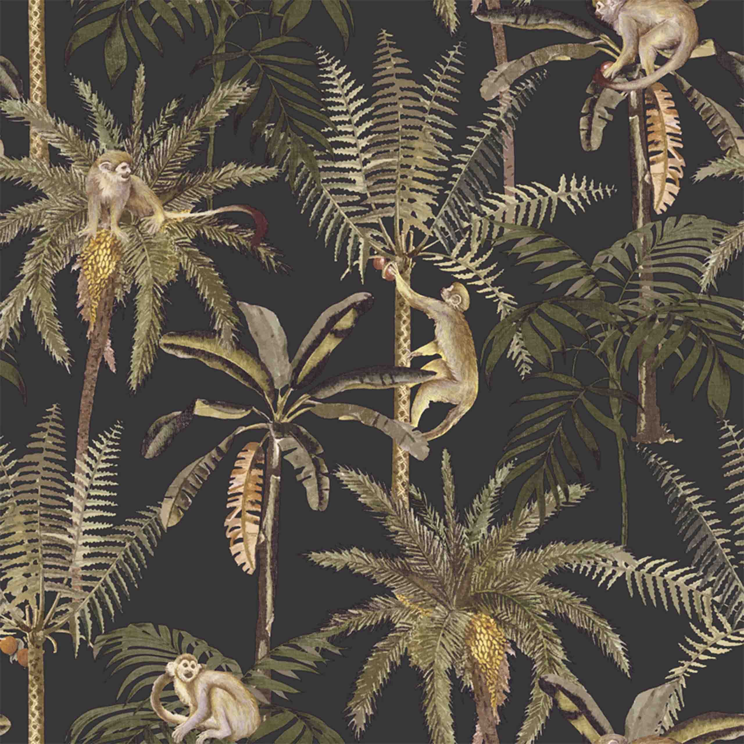 Close-up of Canopy wallpaper showcasing monkeys and tropical palm details.