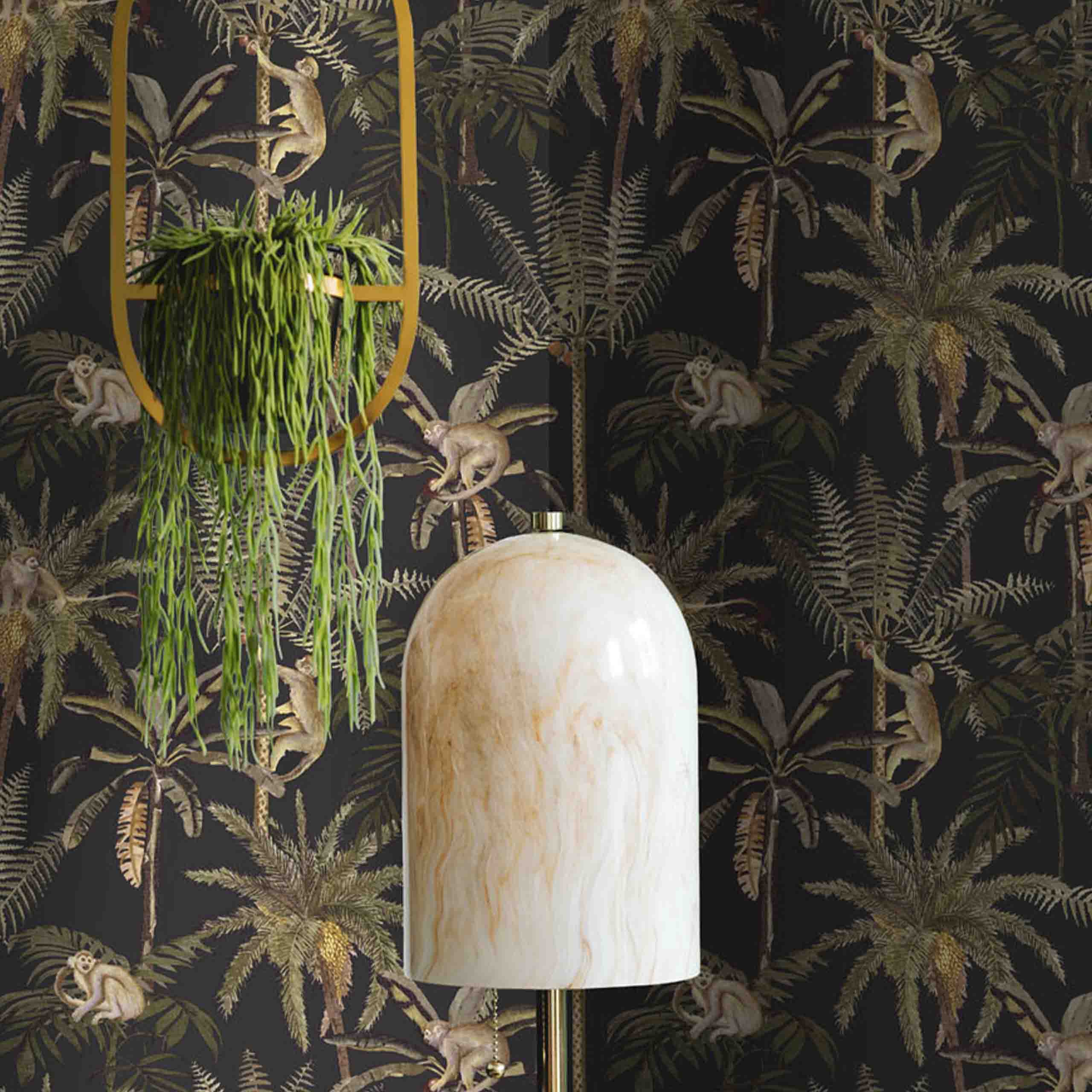 Canopy wallpaper with monkeys and palm trees in a green and black design.