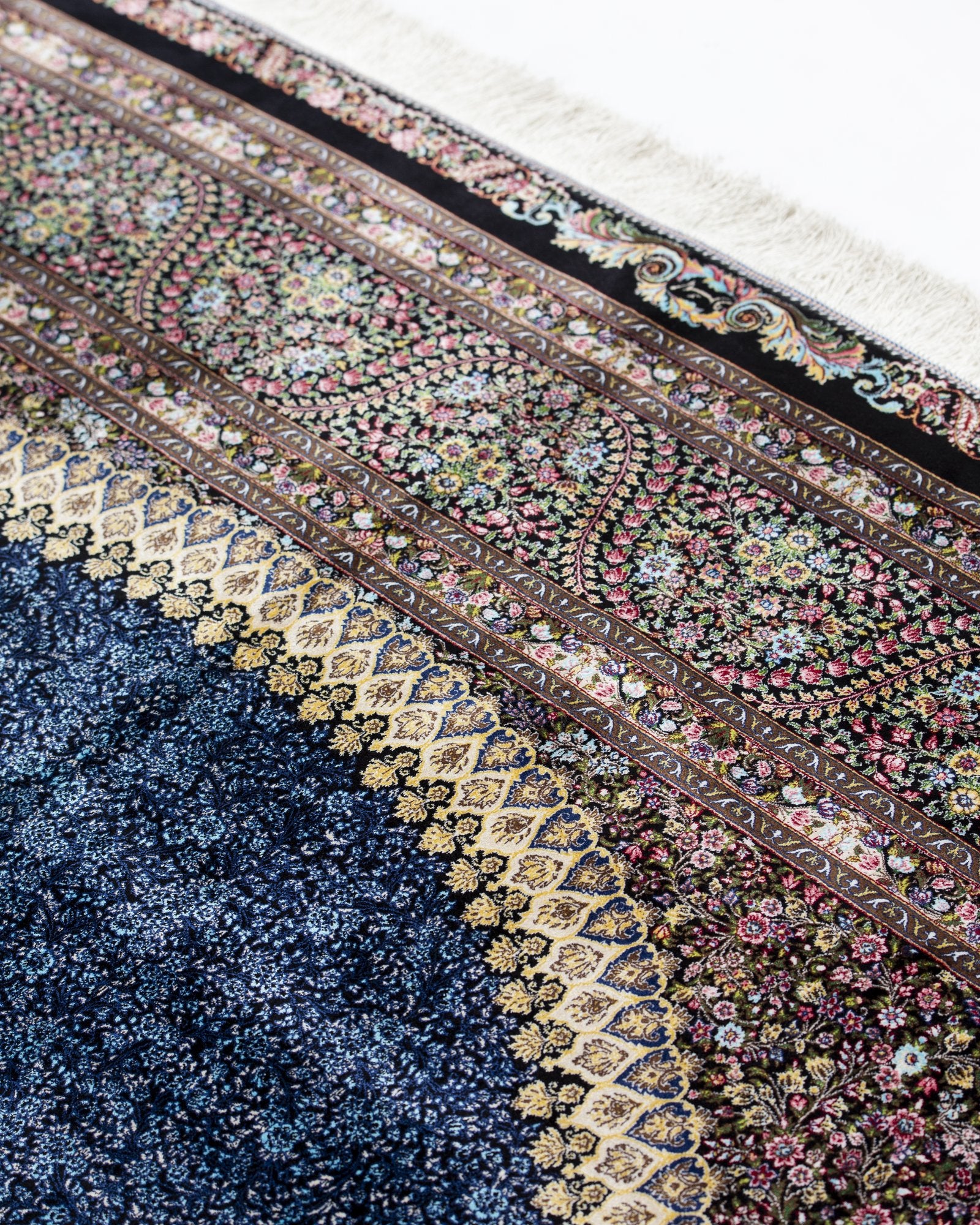 Cassia silk carpet angled view showing chocolate brown tones, 200 x 300 cm - Tabeer Homes Dubai