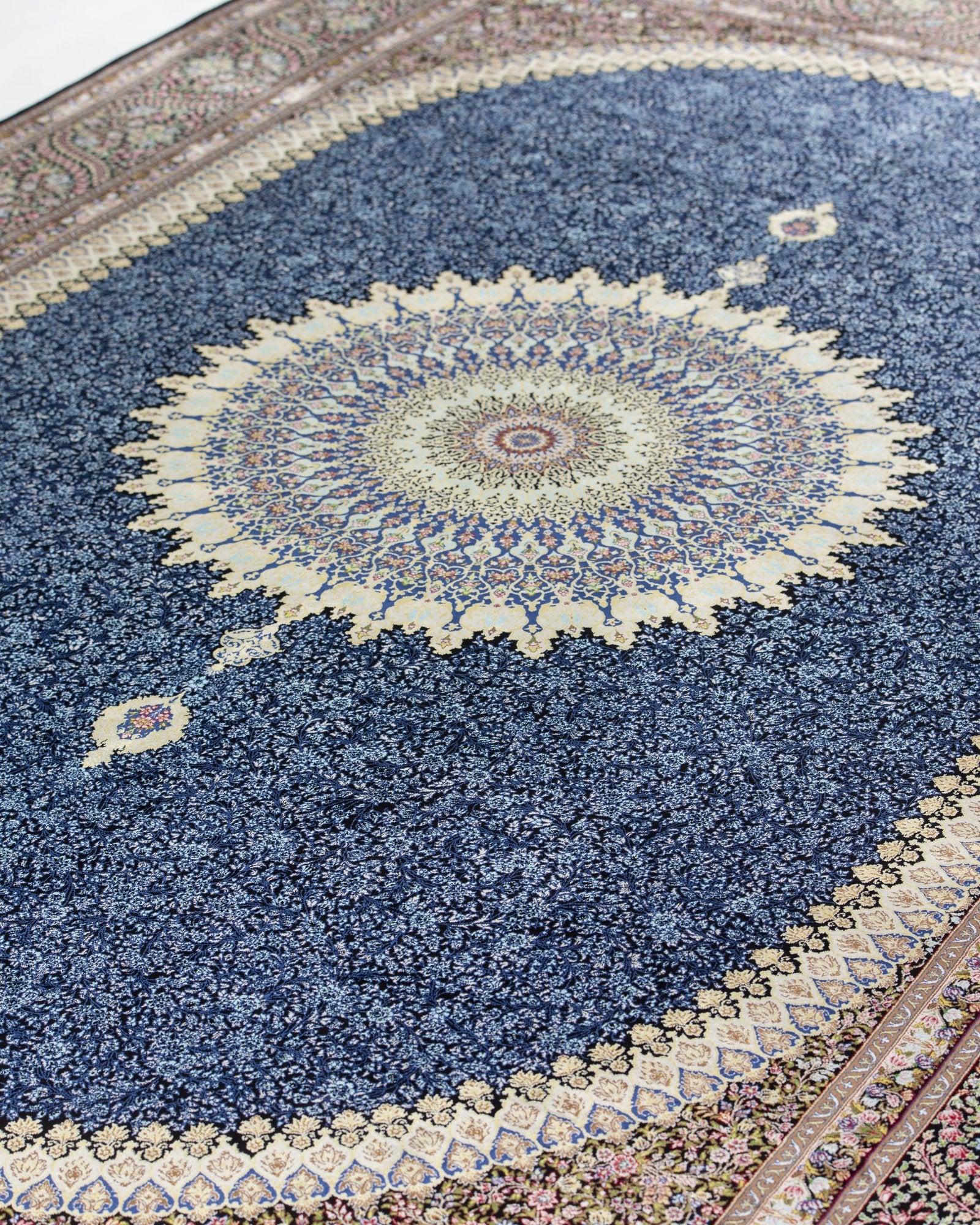 Cassia silk carpet floral motif close-up in chocolate brown, 200 x 300 cm - Tabeer Homes Dubai