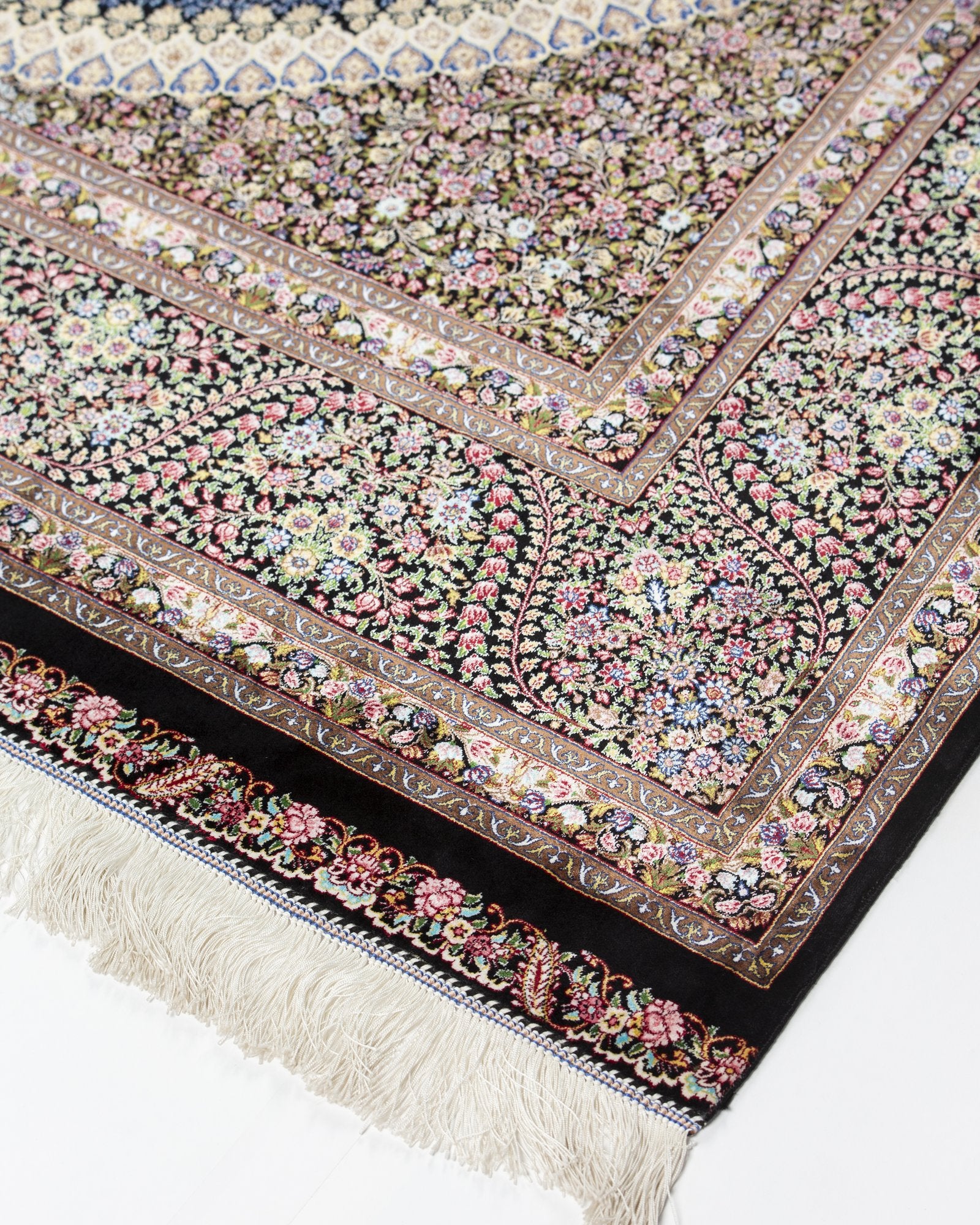 Cassia Persian silk rug folded corner showing fine weave, chocolate brown 200 x 300 cm - Tabeer Homes Dubai