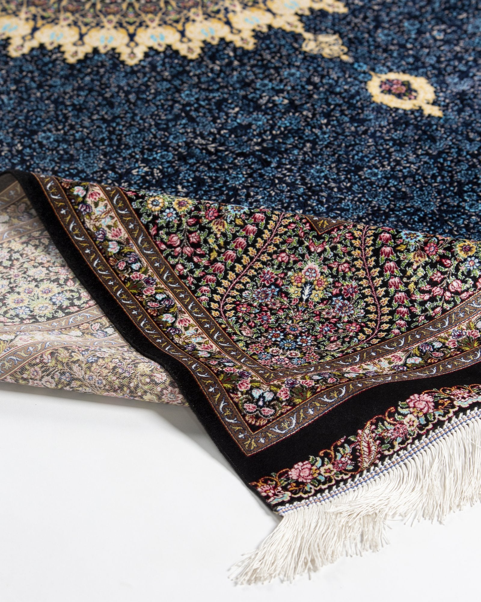 Cassia Persian silk rug edge binding and back detail, chocolate brown 200 x 300 cm - Tabeer Homes Dubai