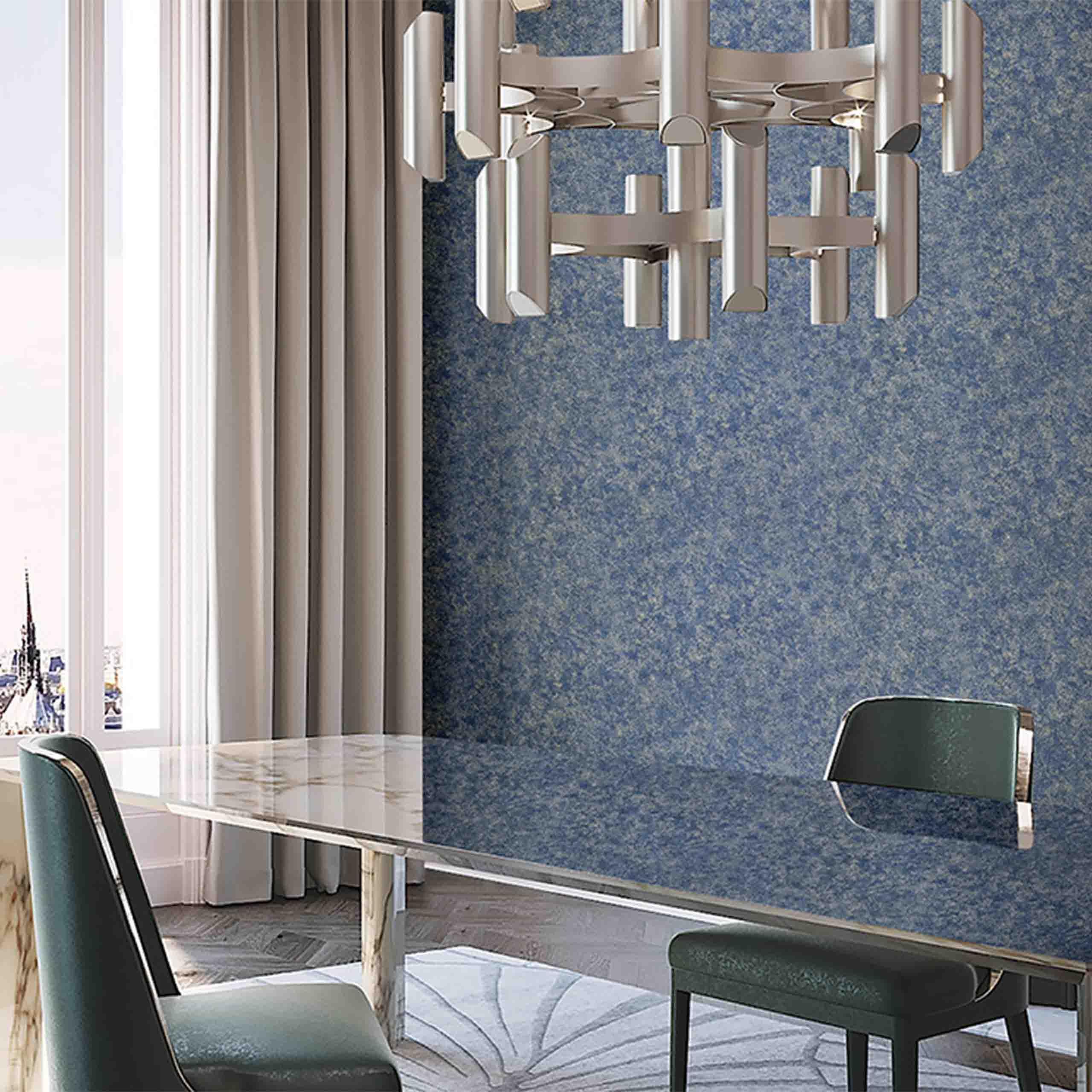 Sophisticated Celeste blue vinyl wallpaper in a modern dining room setup, adding a calm and elegant touch to interiors. Perfect for refined spaces.