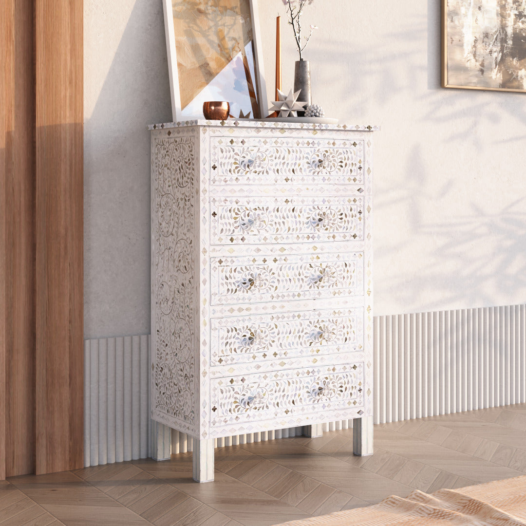 Iris Big Chest of Drawers - White Mother of Pearl