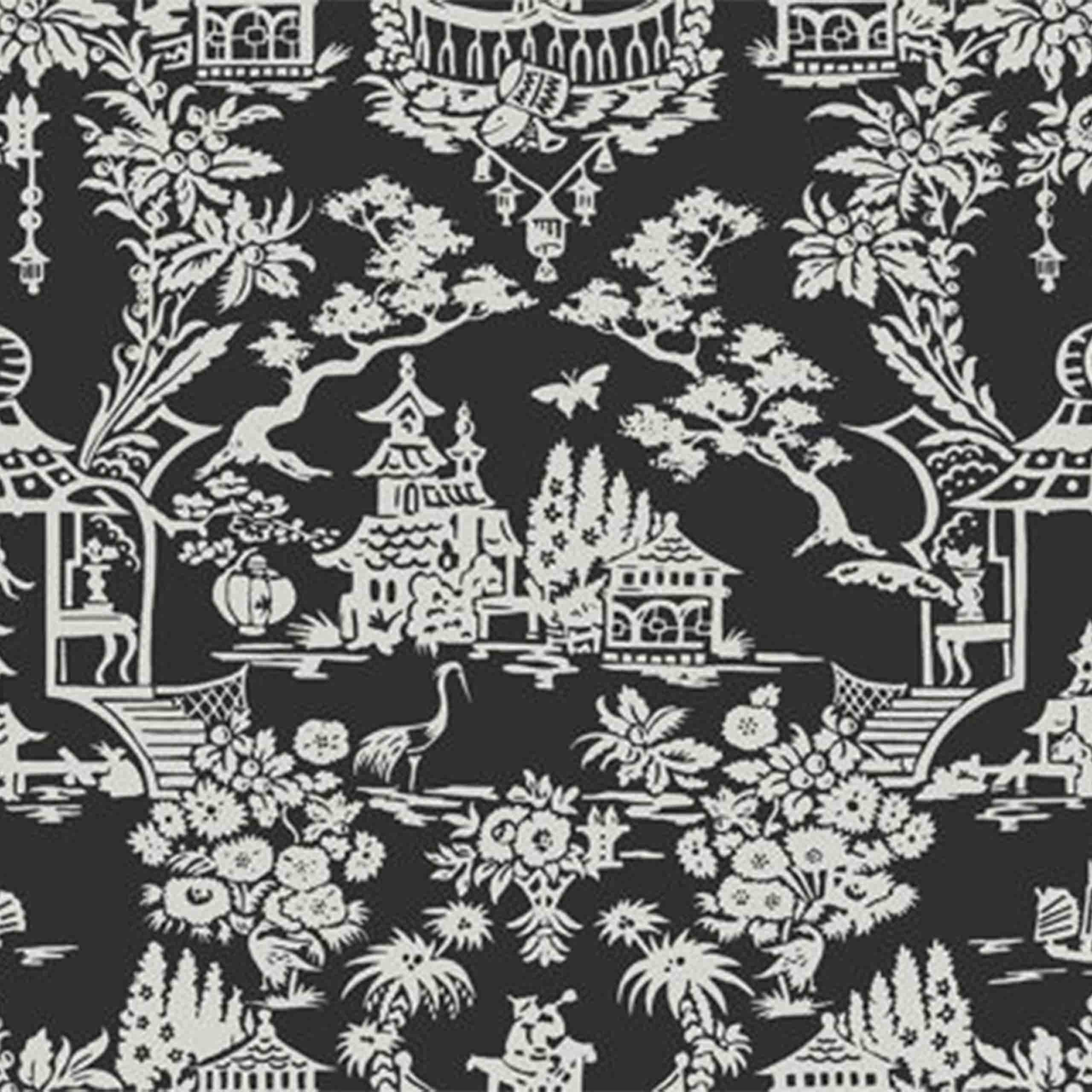 Chinois paper wallpaper featuring intricate floral and abstract designs in black and white tones, ideal for elegant and timeless interiors.