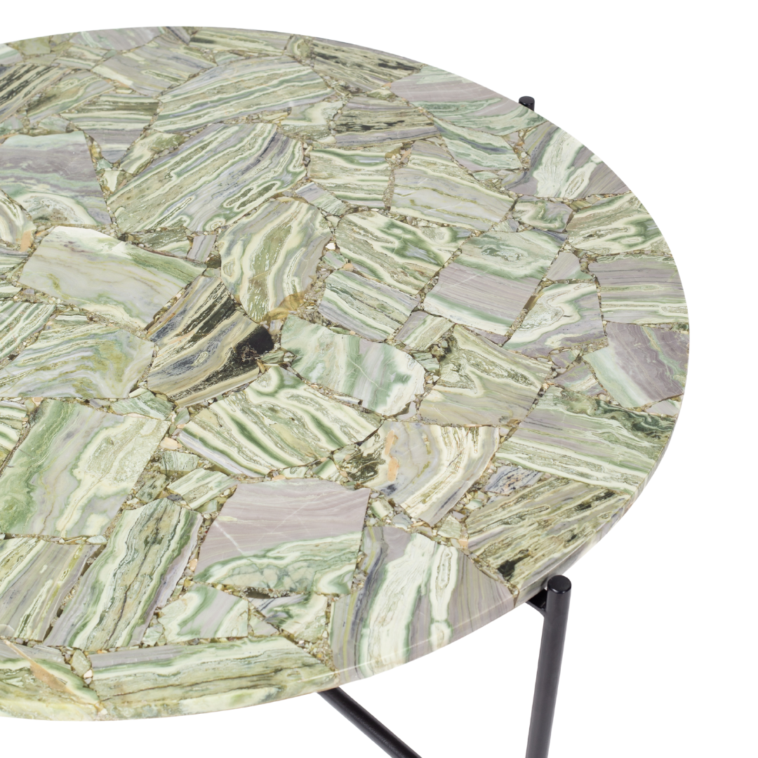 Handcrafted agate coffee table with round stone top and black metal base, artisan-made heritage piece.