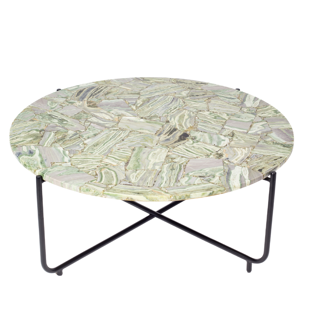 Handcrafted agate coffee table with round stone top and black metal base, artisan-made heritage piece.