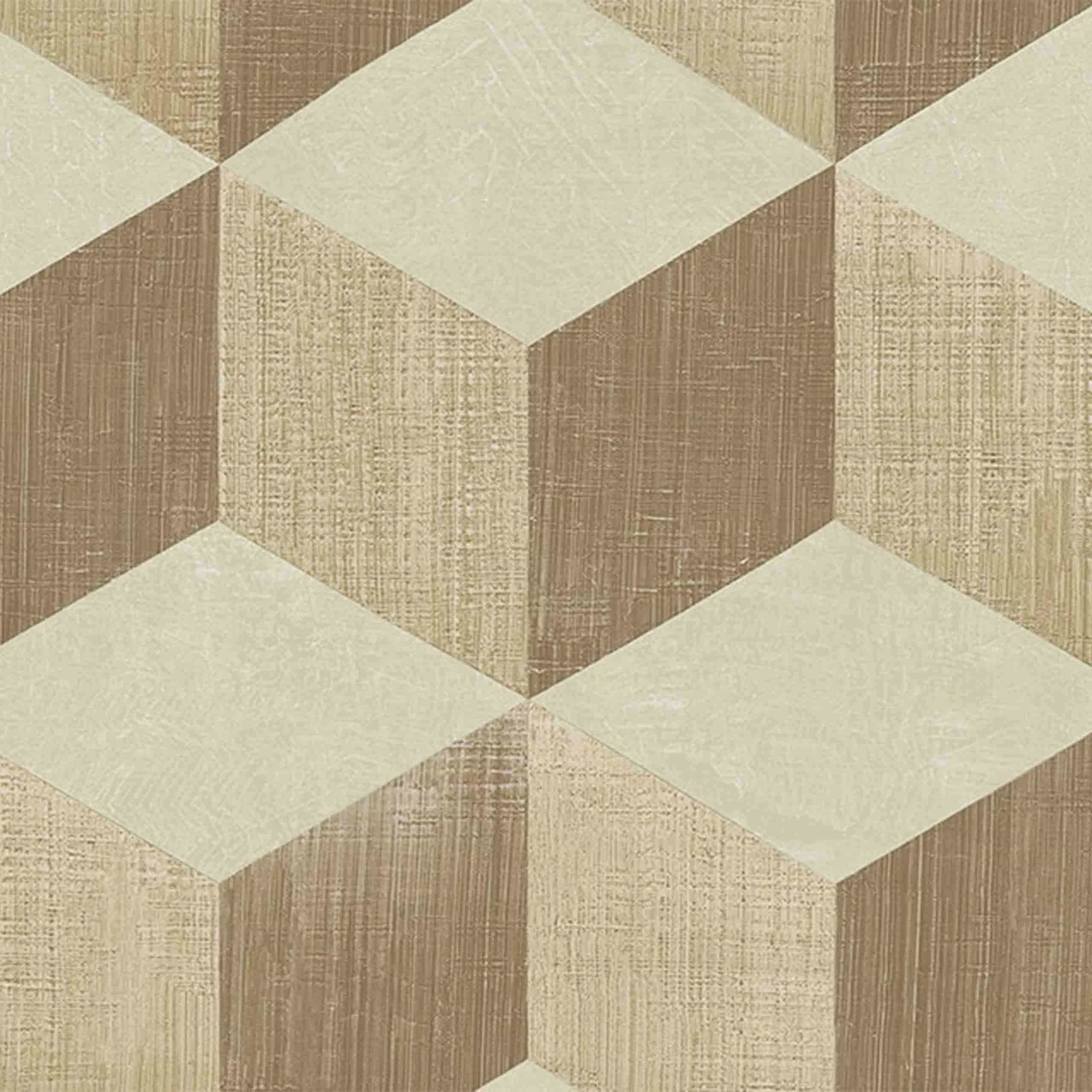 Modern beige and cream abstract wallpaper with 3D cube design in vinyl.