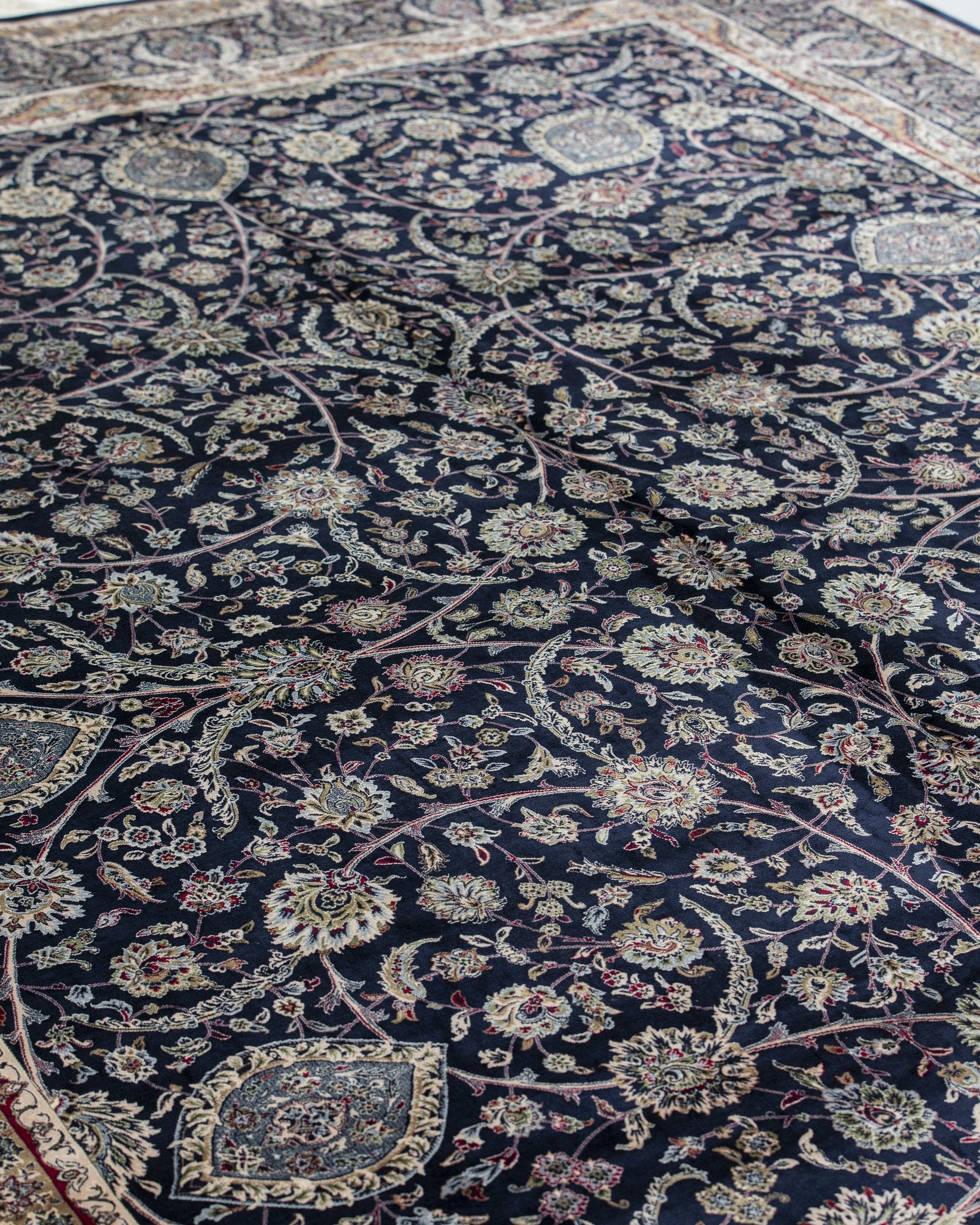 Cyrene Persian silk carpet design detail in midnight navy, 250 x 350 cm - Tabeer Homes Dubai