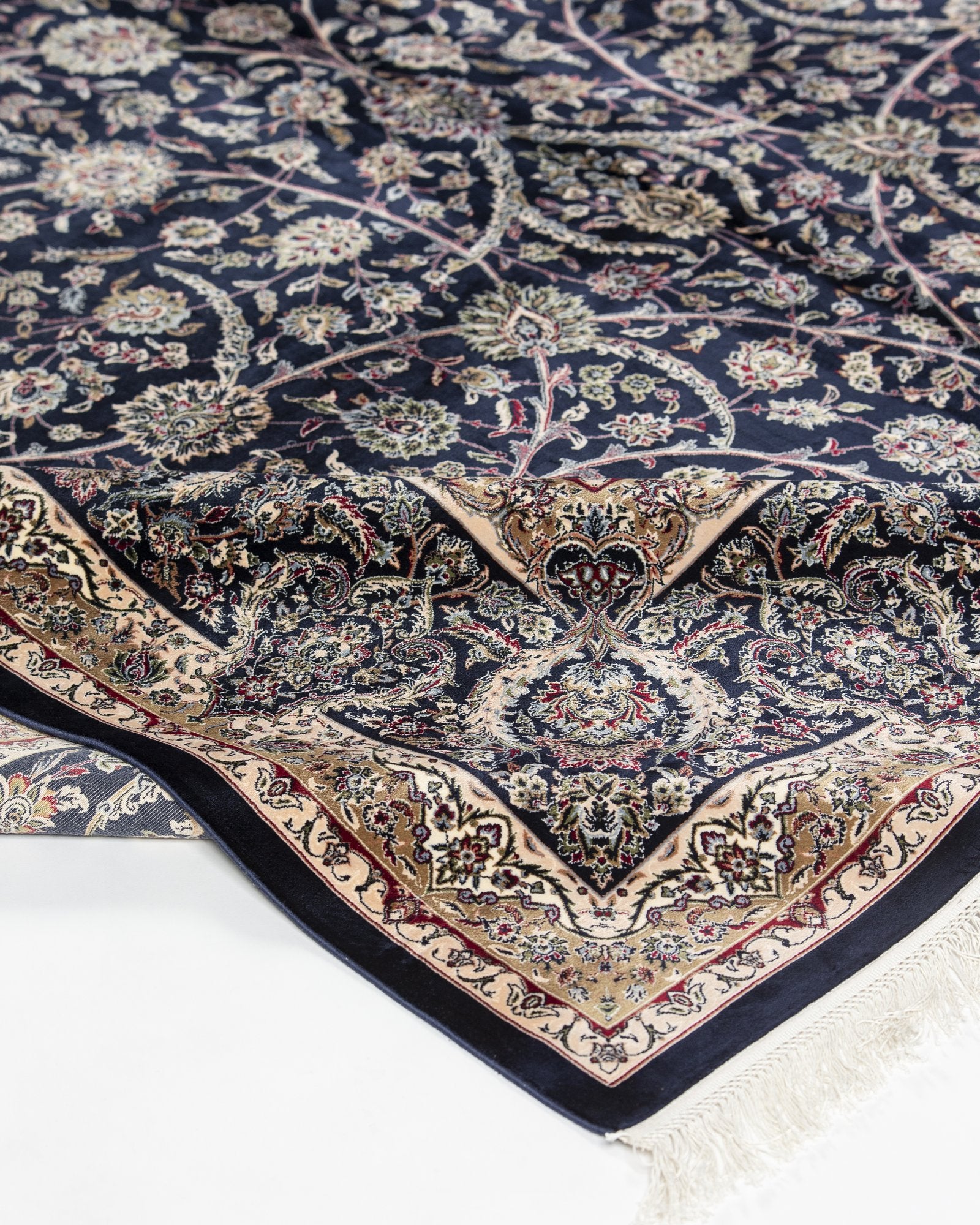 Cyrene silk carpet floral motif close-up in midnight navy, 250 x 350 cm - Tabeer Homes Dubai