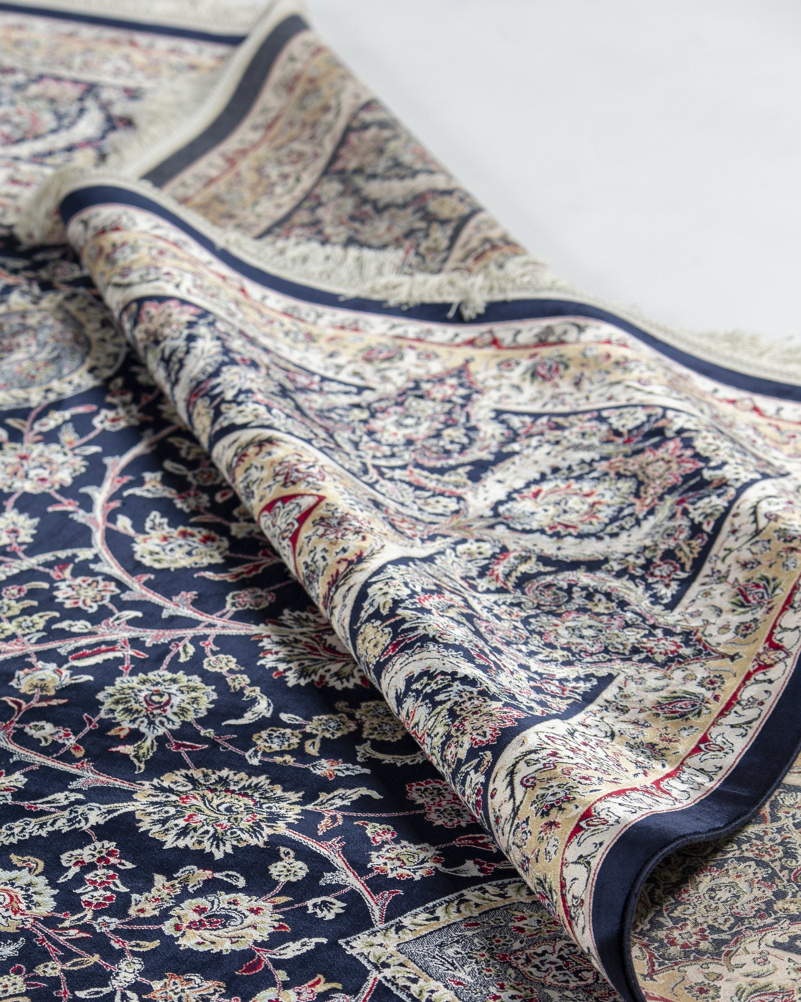 Cyrene Persian silk rug edge binding and back detail, midnight navy 250 x 350 cm - Tabeer Homes Dubai