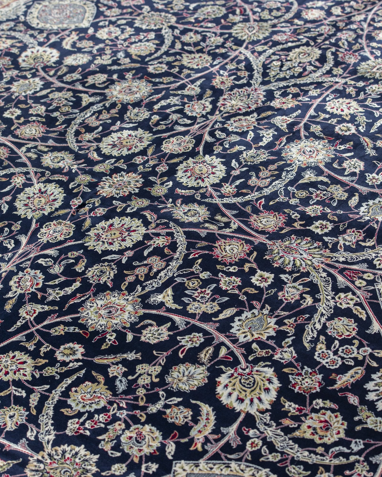 Cyrene Persian silk rug side view showing depth of colour, midnight navy 250 x 350 cm - Tabeer Homes Dubai