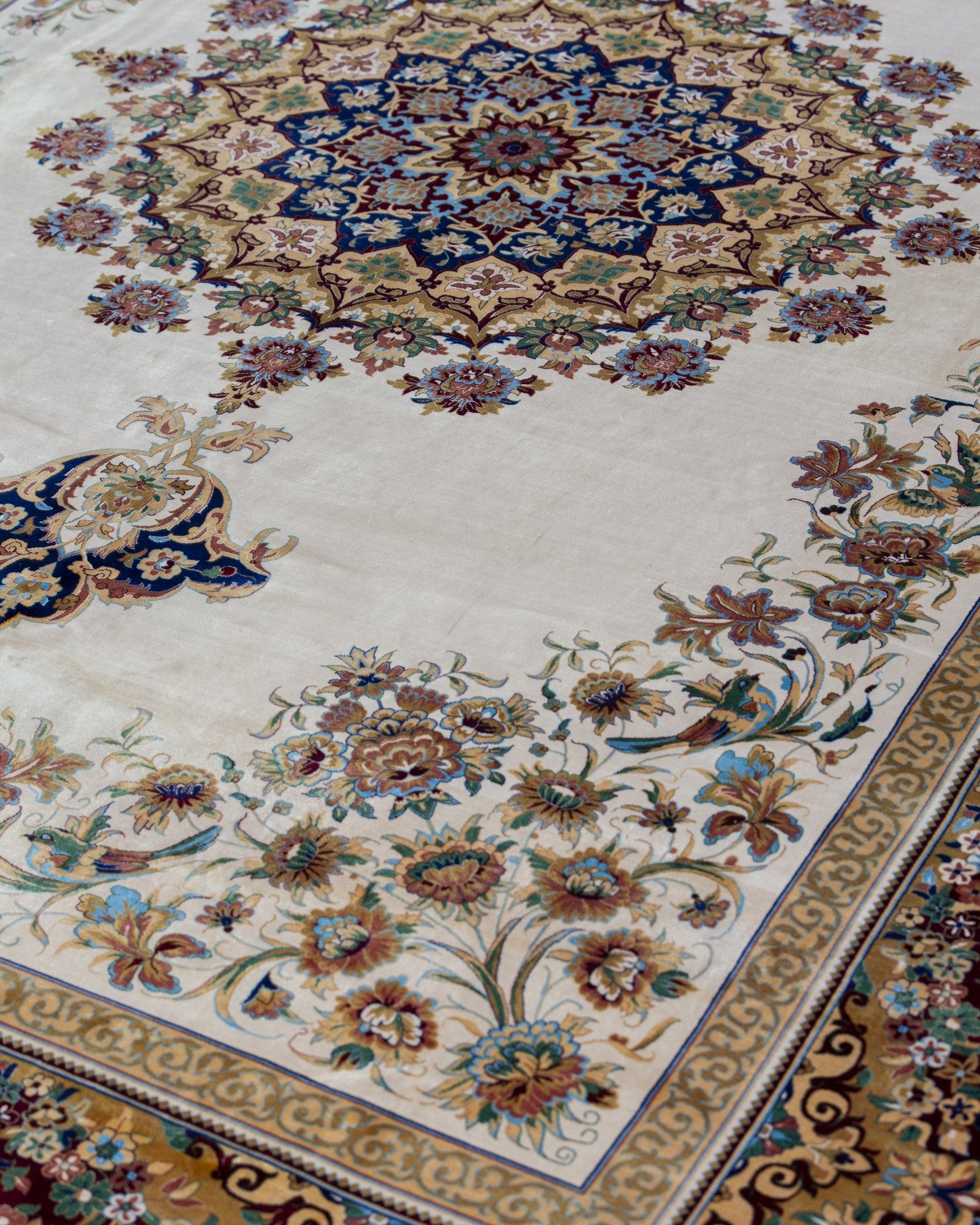 Damaris silk carpet angled view showing ivory tones, 200 x 300 cm - Tabeer Homes Dubai
