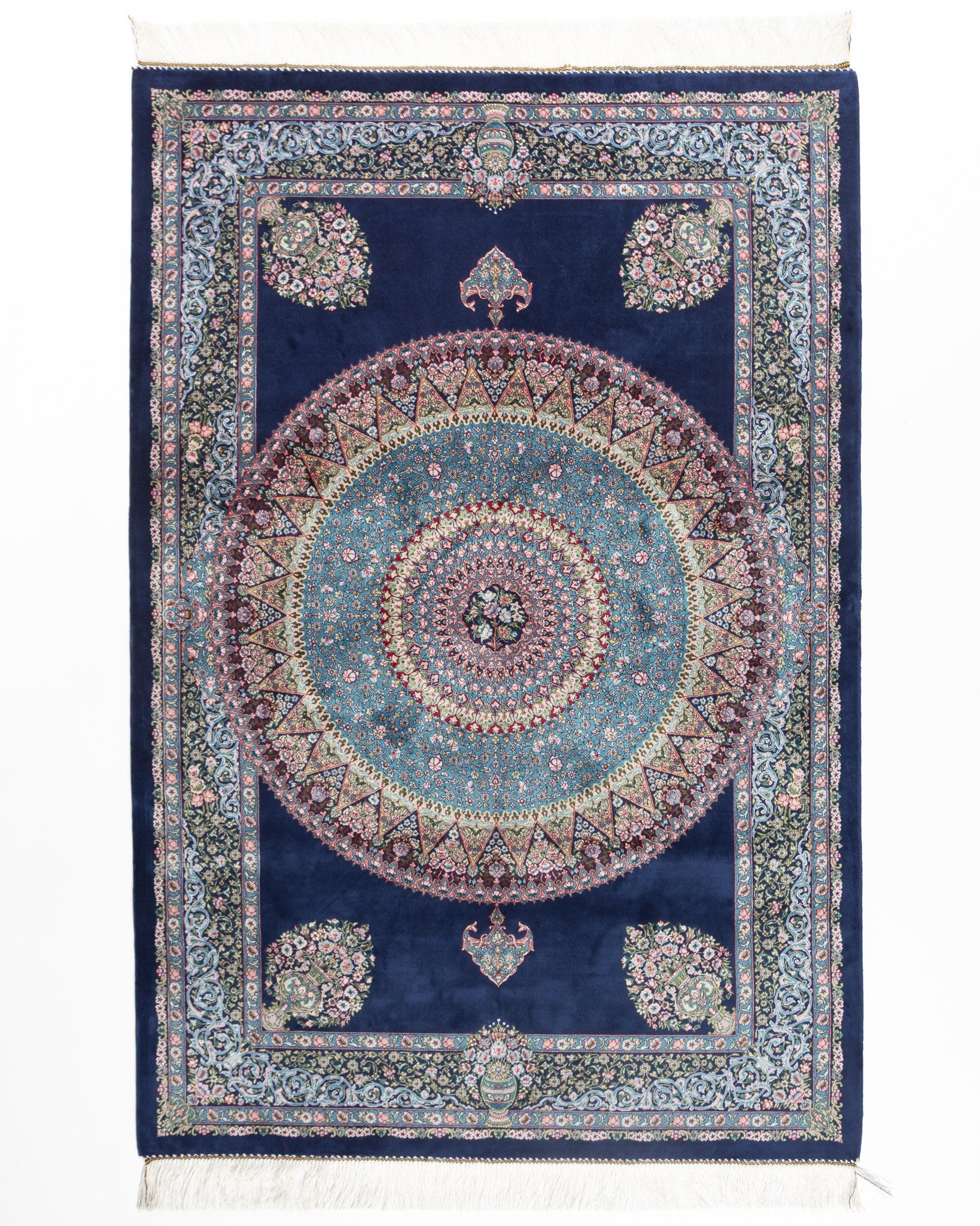 Darya navy silk rug 150 x 100 cms with a circular teal mandala medallion