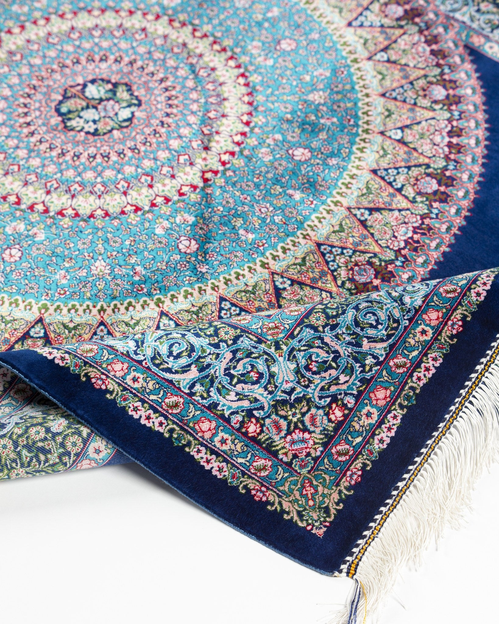 Reverse of the Darya silk rug showing its fine weave