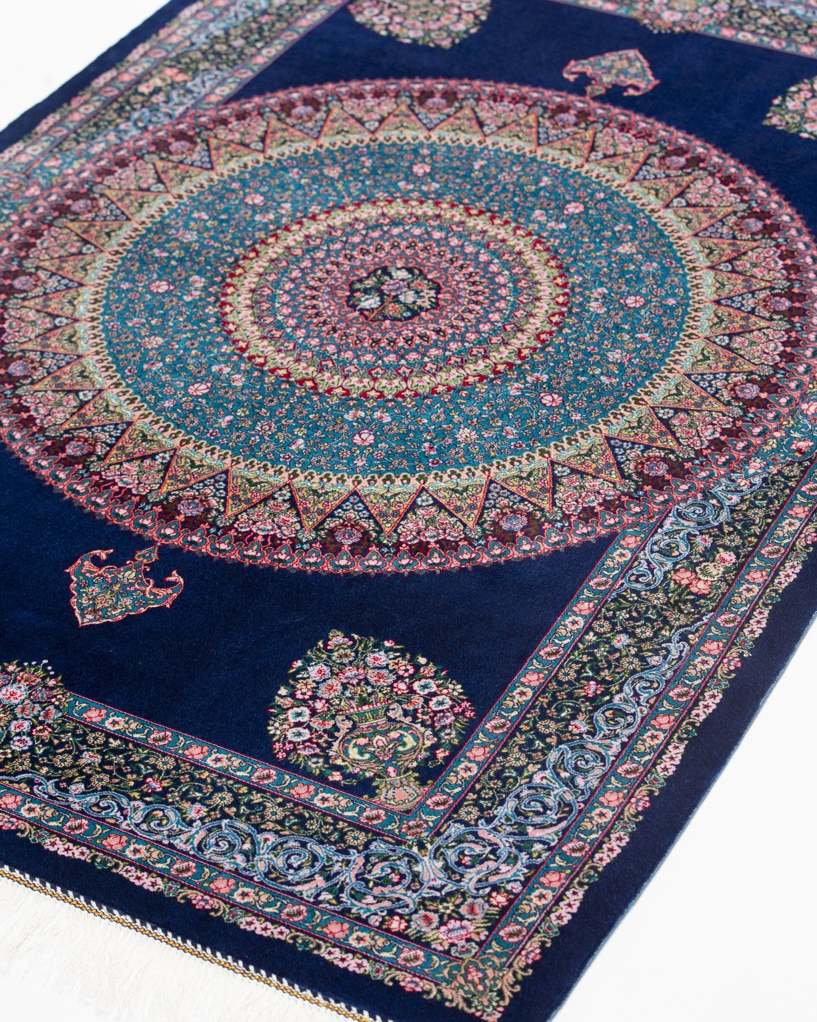 Darya navy silk rug corner detail