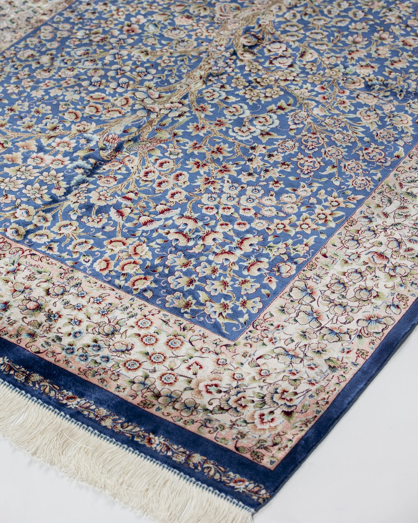 reverse showing the fine silk weave on the Delkash blue silk rug