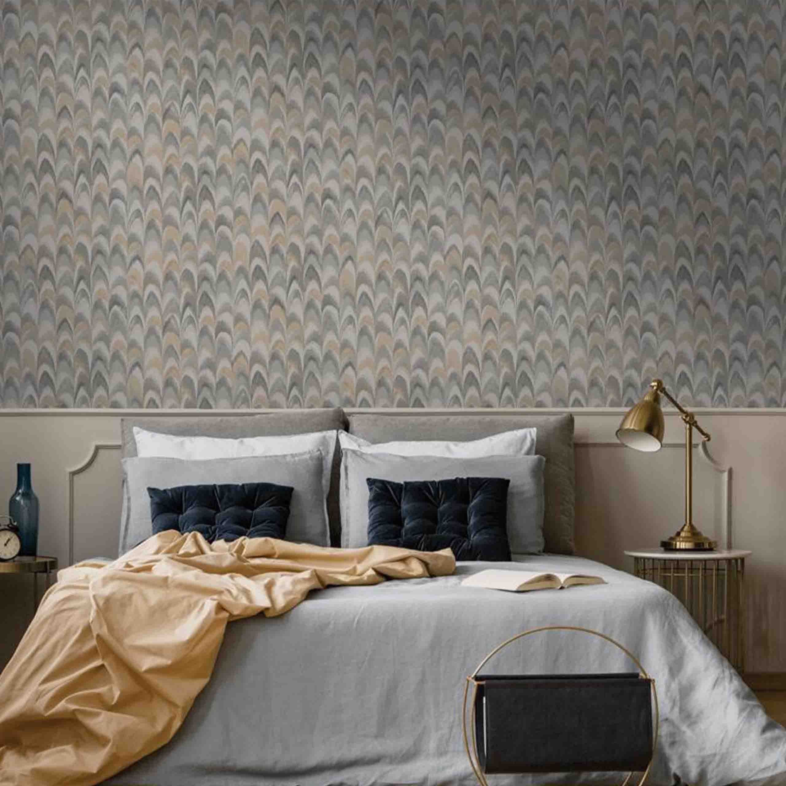 Elegant grey wallpaper featuring an abstract drape-like pattern in a modern room setting.