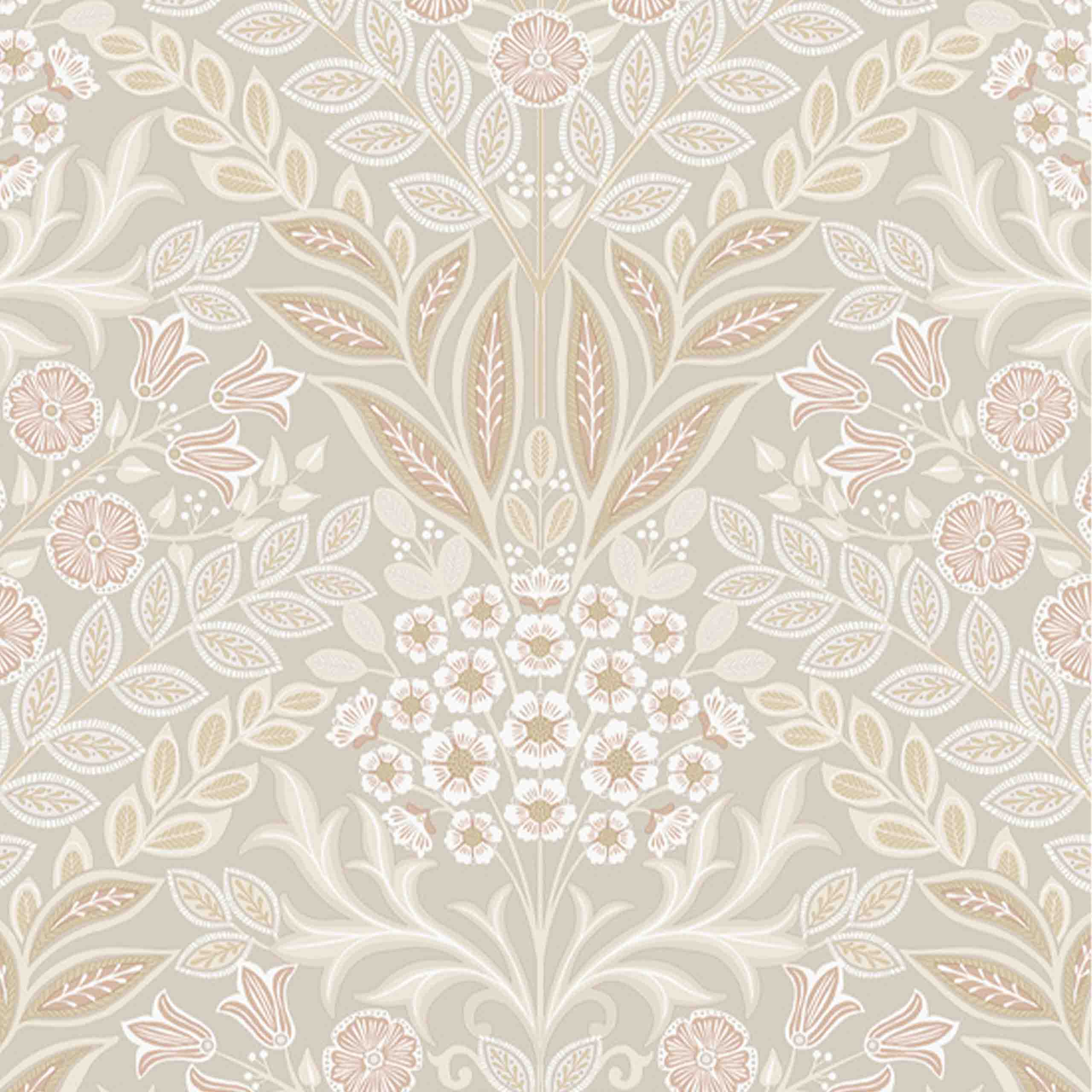 Elysia vinyl wallpaper featuring delicate floral patterns in soft beige tones, perfect for creating a timeless and elegant interior.