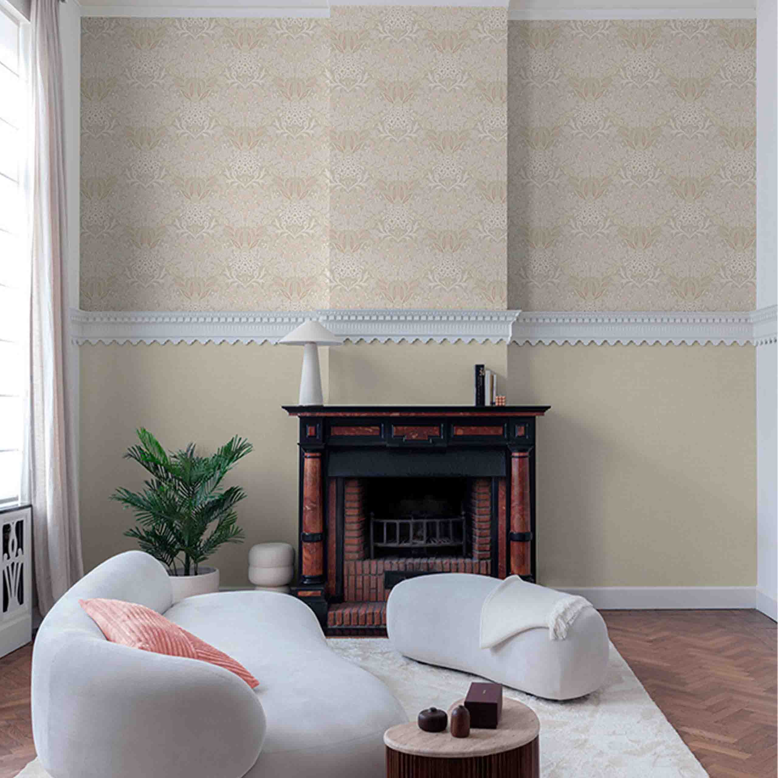 Elysia wallpaper displayed in a classic living room setting, showcasing intricate floral designs in warm beige tones.