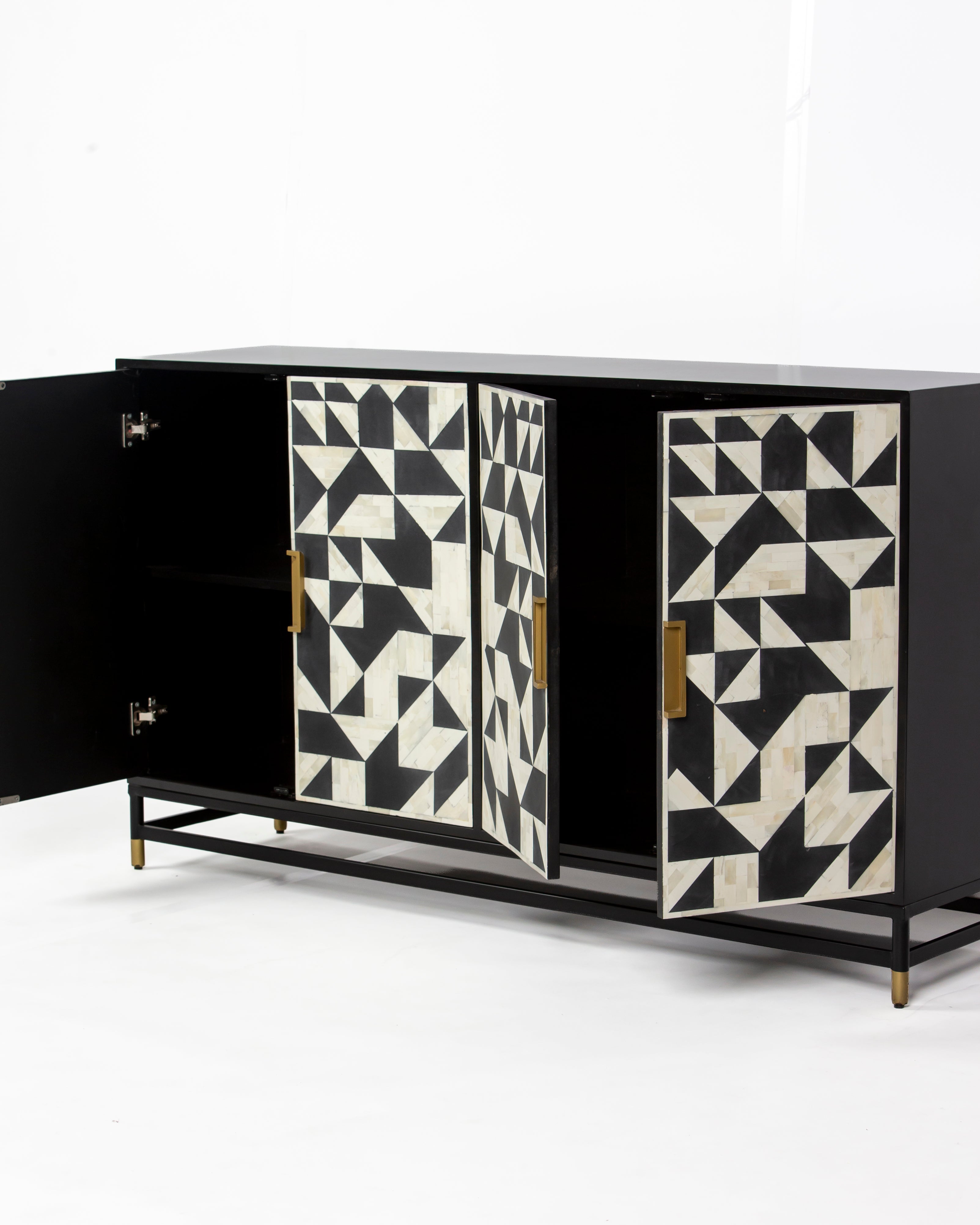 Open doors revealing full width shelf inside Eve black cabinet