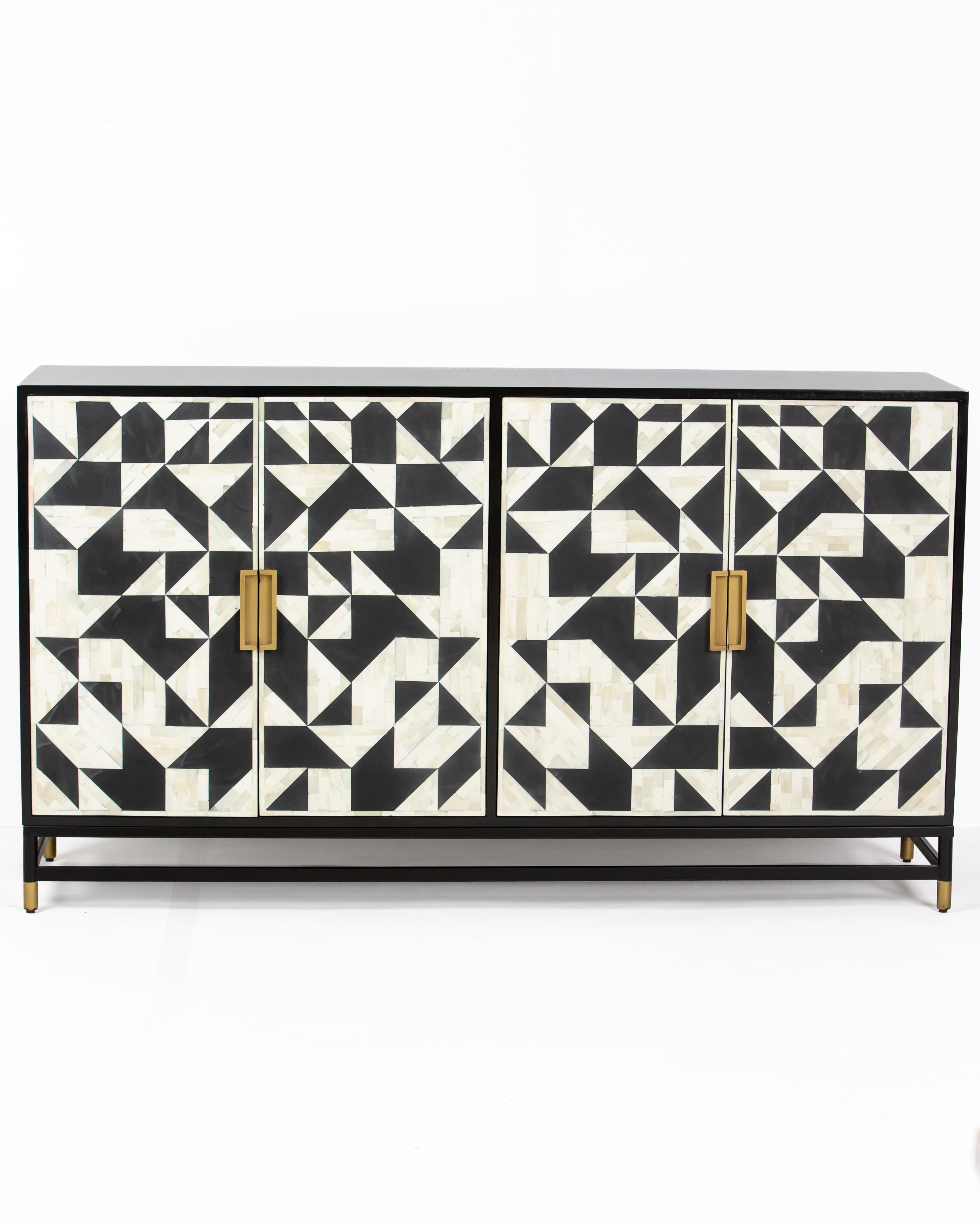 Front view of Eve four door cabinet with black and white bone inlay