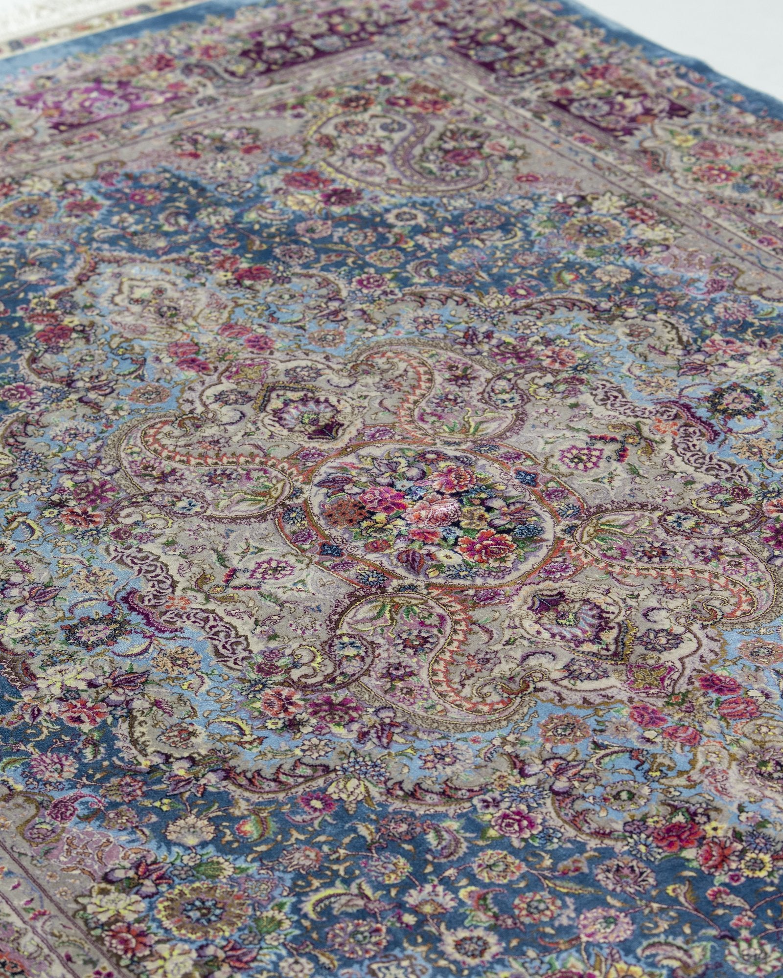 Farahnaz Persian silk and wool carpet design detail in powder blue, 225 x 150 cm - Tabeer Homes Dubai