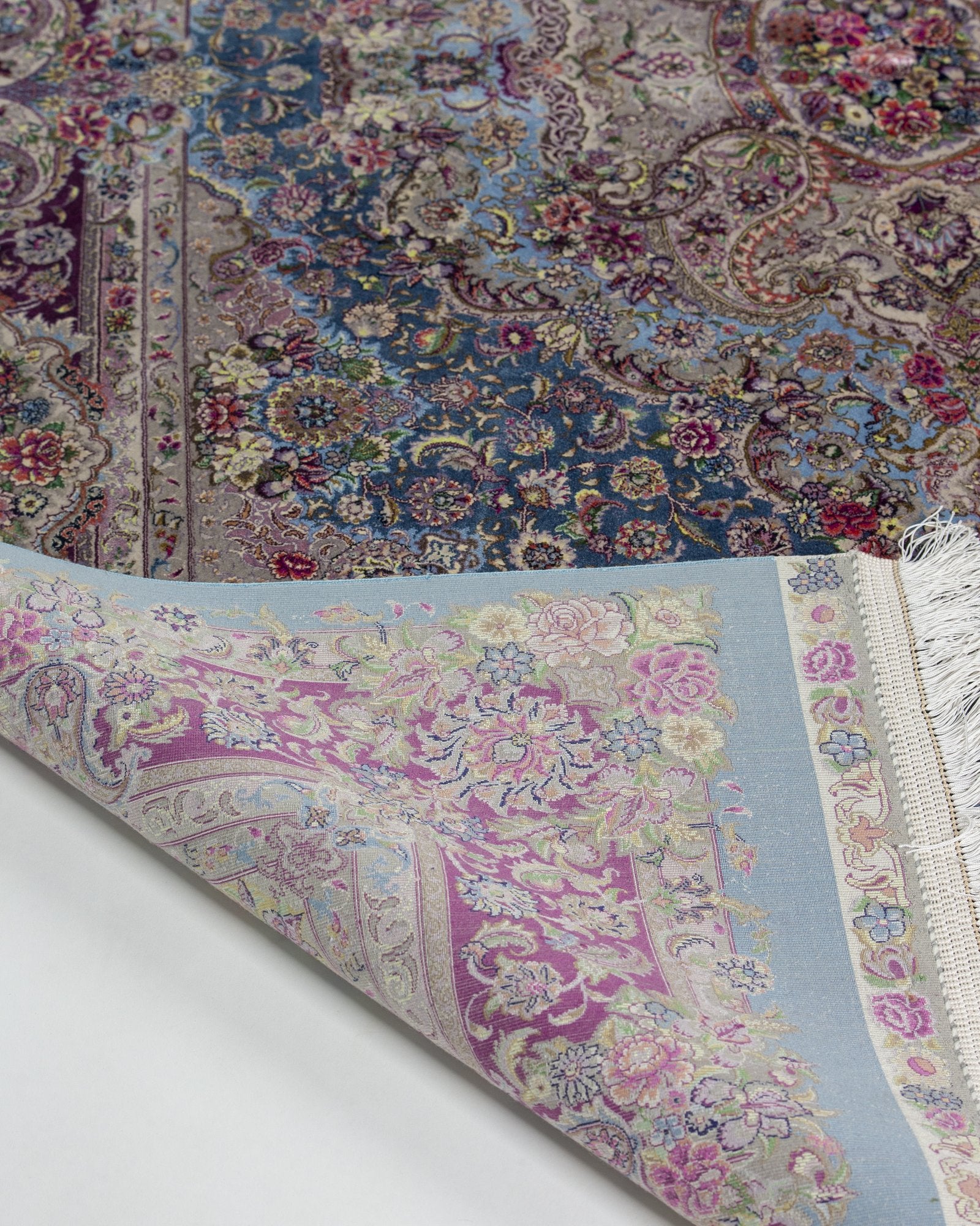 Farahnaz Persian silk and wool rug side view showing depth of colour, powder blue 225 x 150 cm - Tabeer Homes Dubai