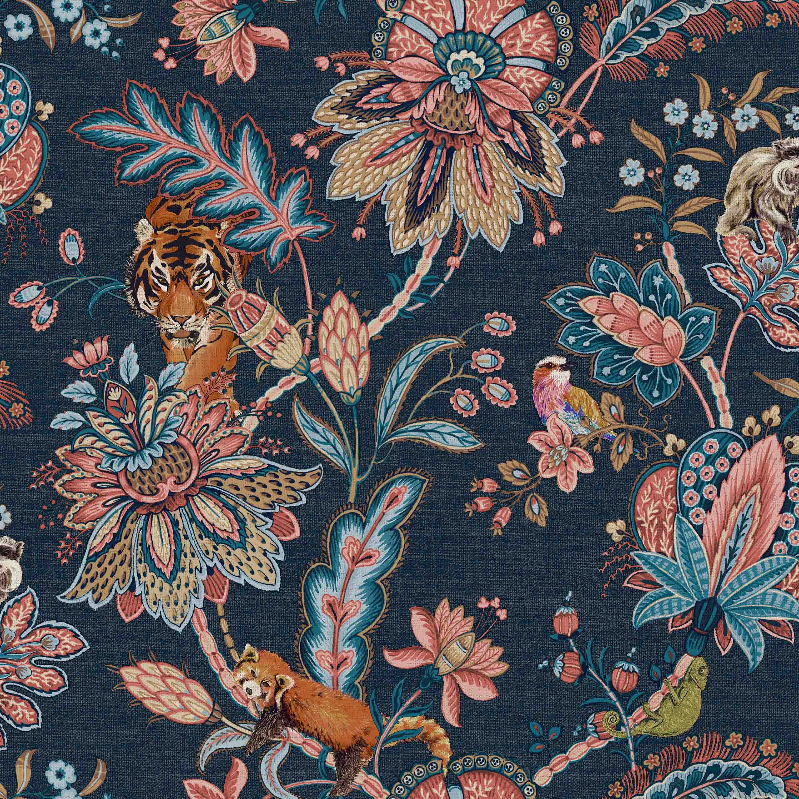 Fauna non-woven wallpaper showcasing intricate floral, bird, and animal patterns in blue, orange, black, and pink hues. 