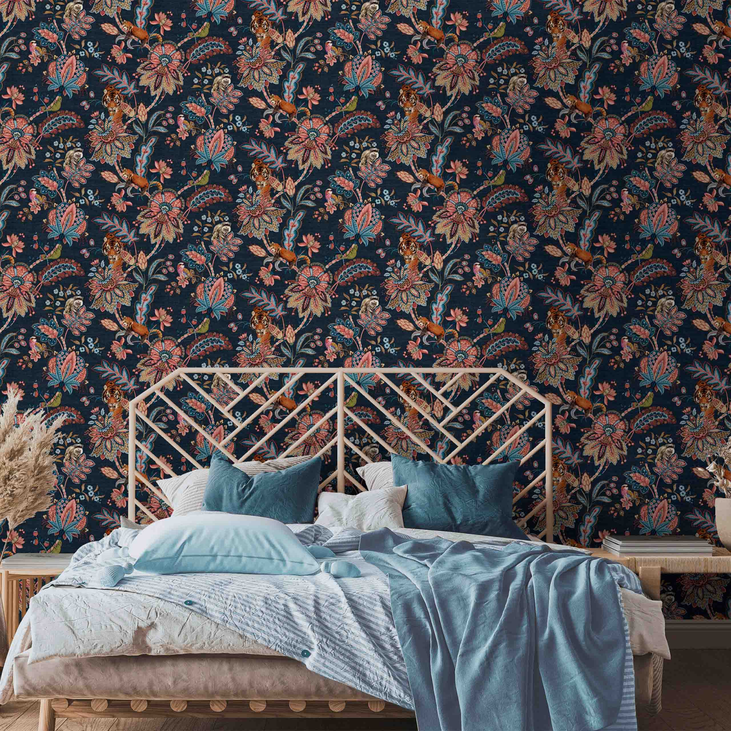 Fauna non-woven wallpaper displayed in a cozy bedroom setting, featuring vibrant floral, bird, and animal patterns in elegant hues.