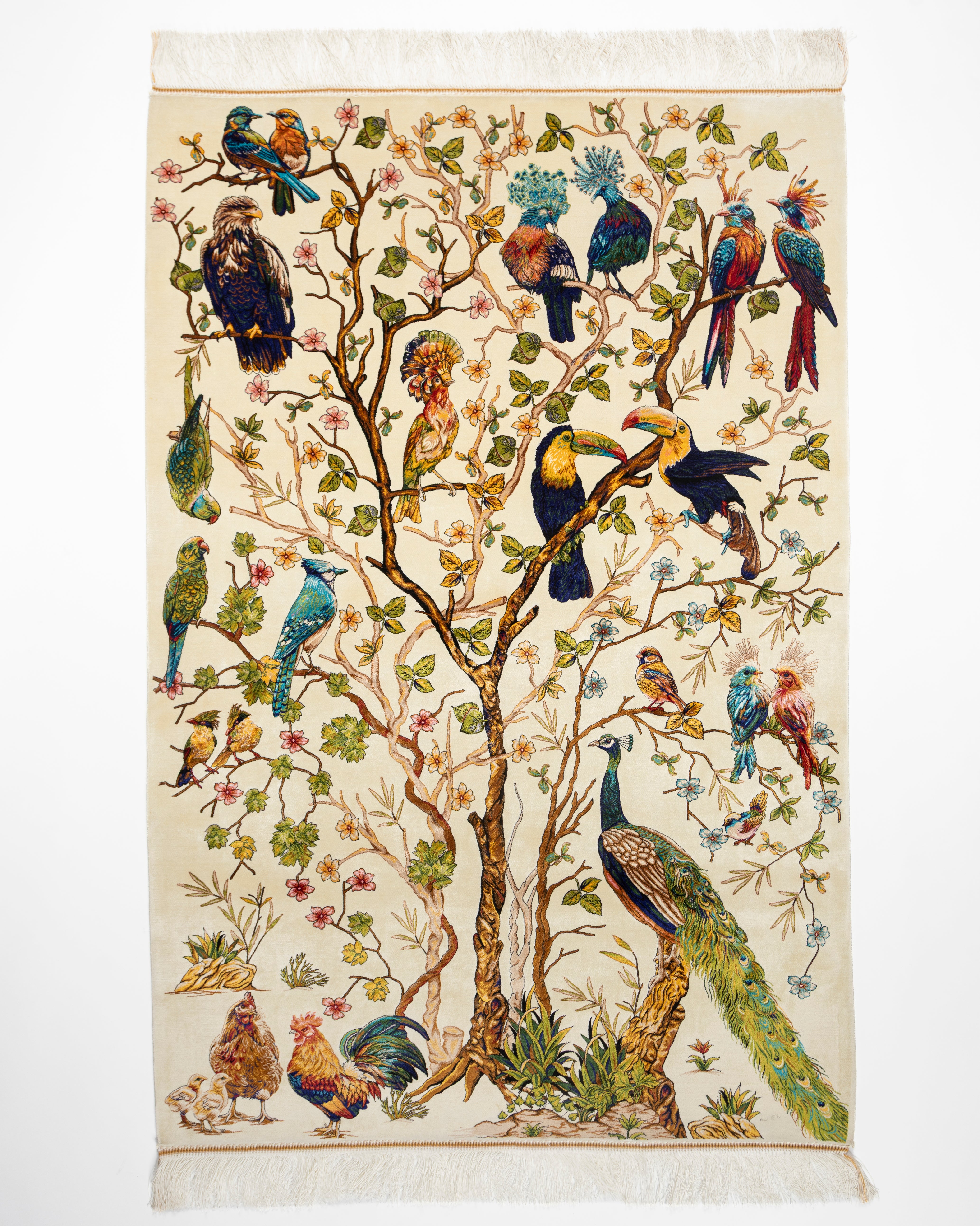 Firdaus tree of life silk rug with birds on ivory, full view