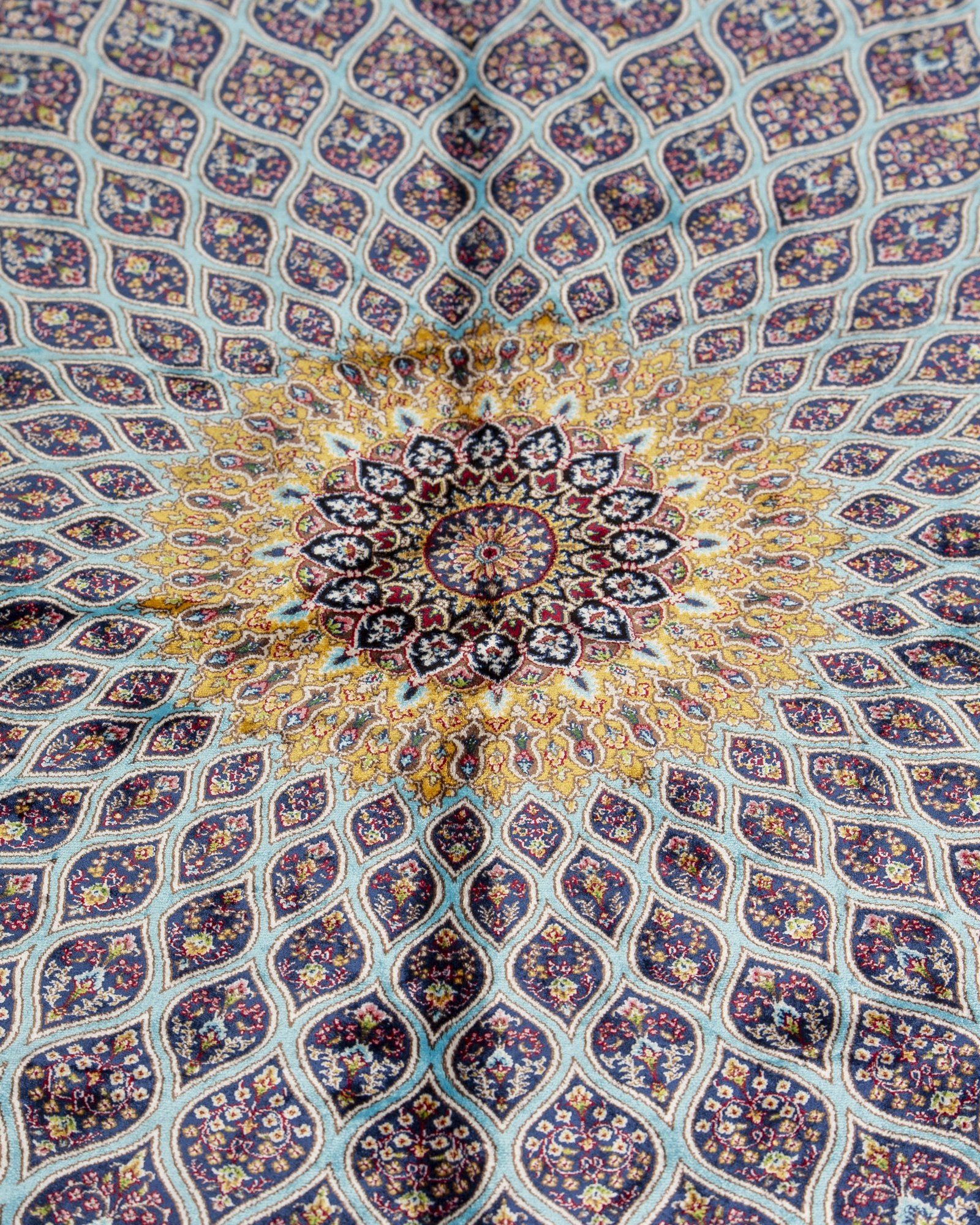 Firuzeh Persian silk carpet design detail, turquoise 225x150 cm - Tabeer Homes Dubai