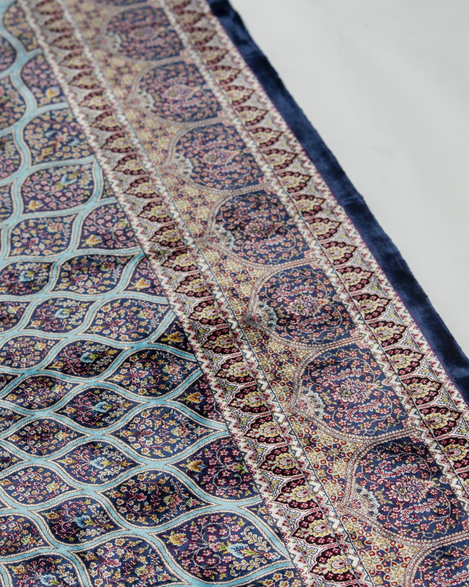 Firuzeh Persian silk carpet border and pattern detail, turquoise 225x150 cm - Tabeer Homes Dubai