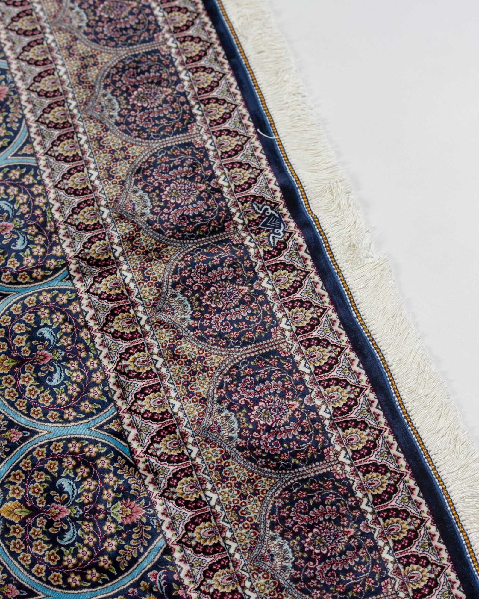 Firuzeh Persian silk carpet full angled view, turquoise 225x150 cm - Tabeer Homes Dubai