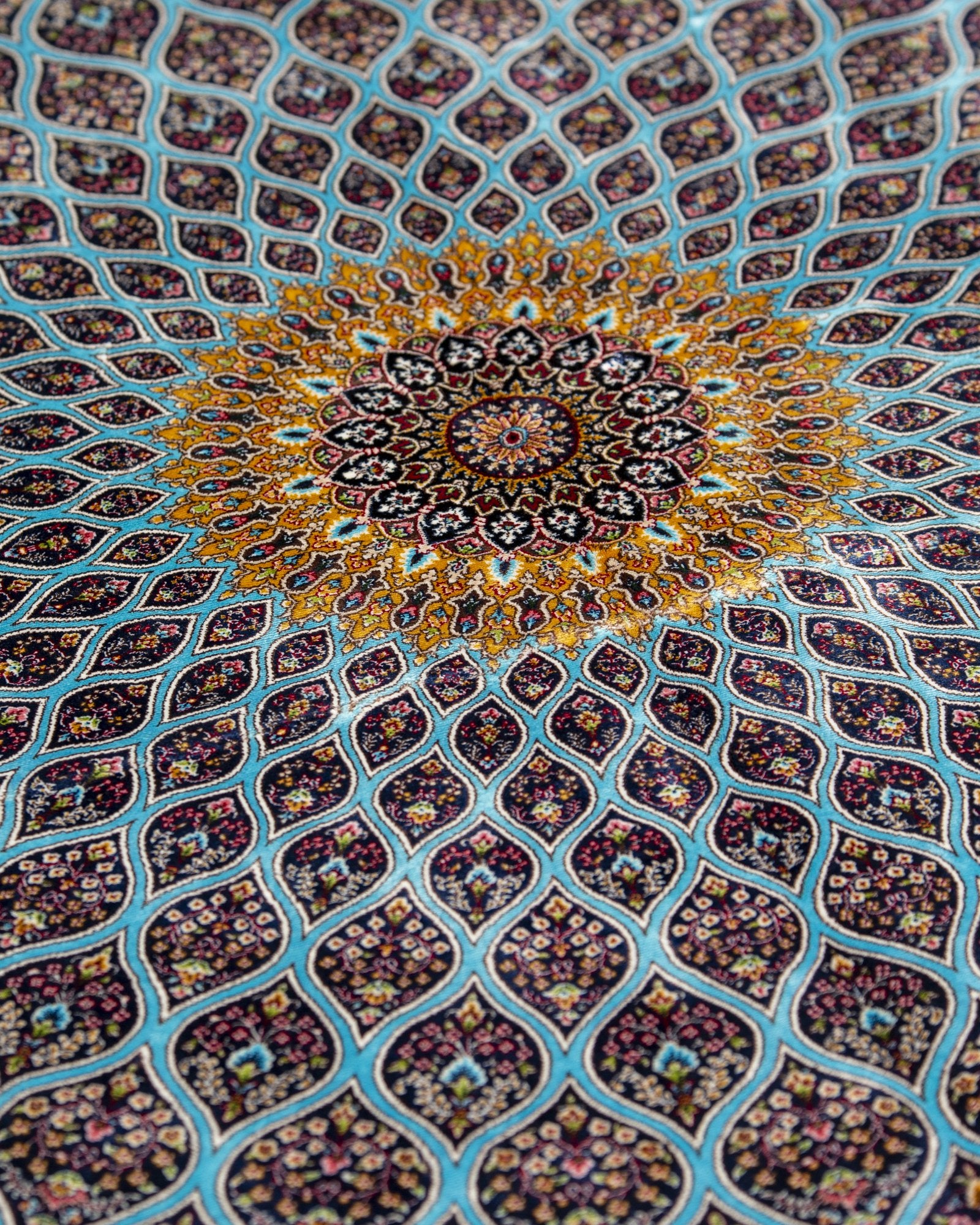 Firuzeh Persian silk carpet reverse and selvedge detail, turquoise 225x150 cm - Tabeer Homes Dubai