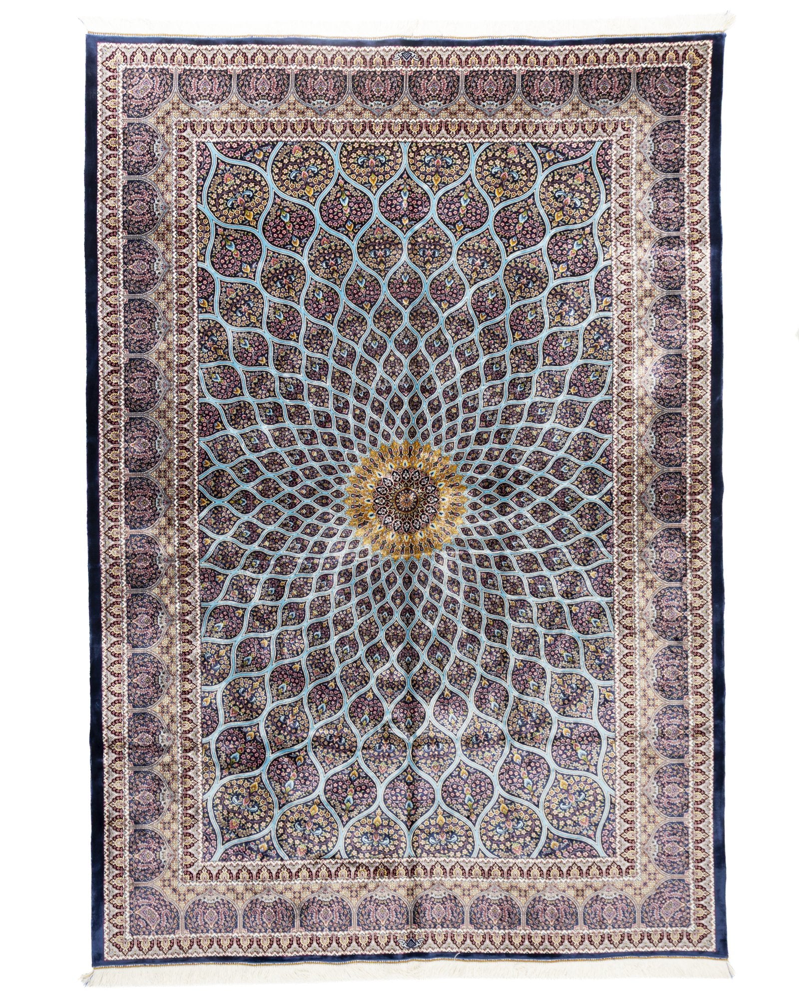 Firuzeh Persian silk carpet 225x150 cm in turquoise, full overhead view - Tabeer Homes Dubai