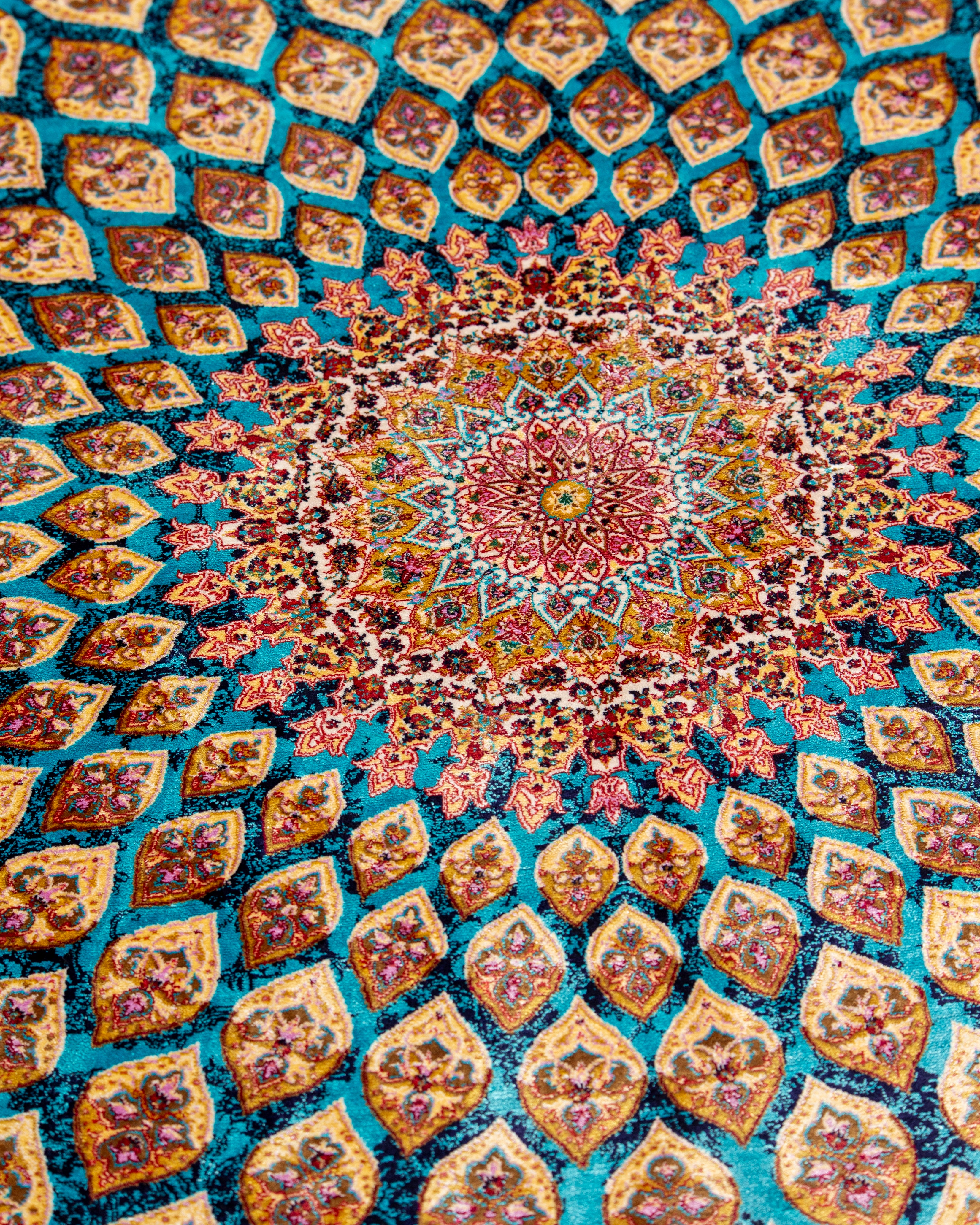 Floral lattice detail of the Firuzeh silk rug